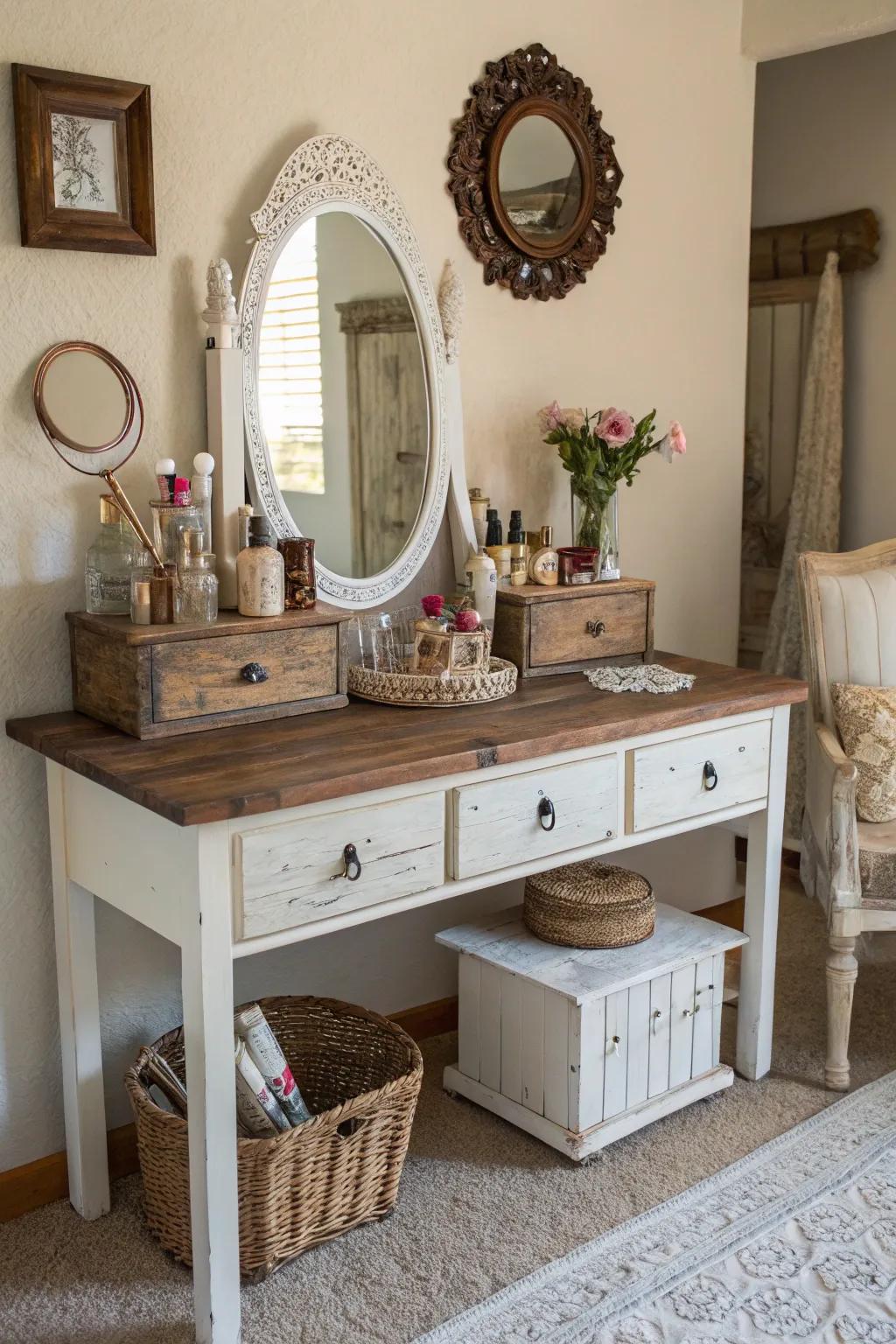 Repurposed wood lends a sense of history and coziness to your vanity.