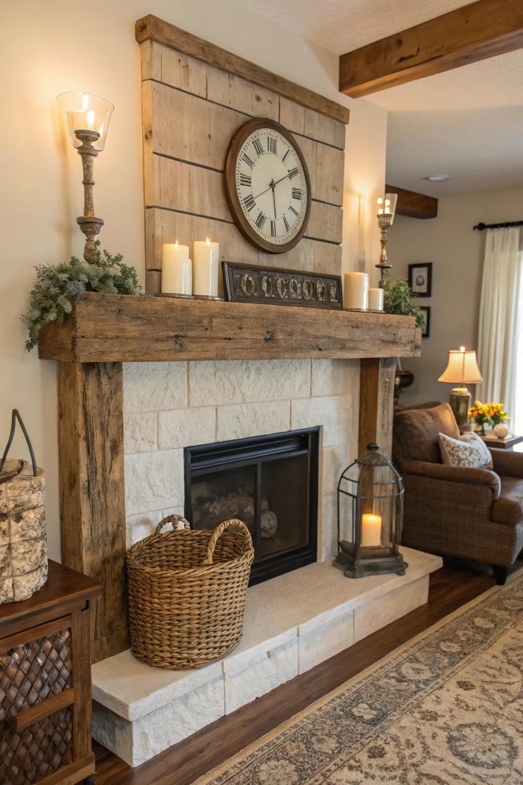 Raw wood beams are the perfect start for an inviting farmhouse mantel.