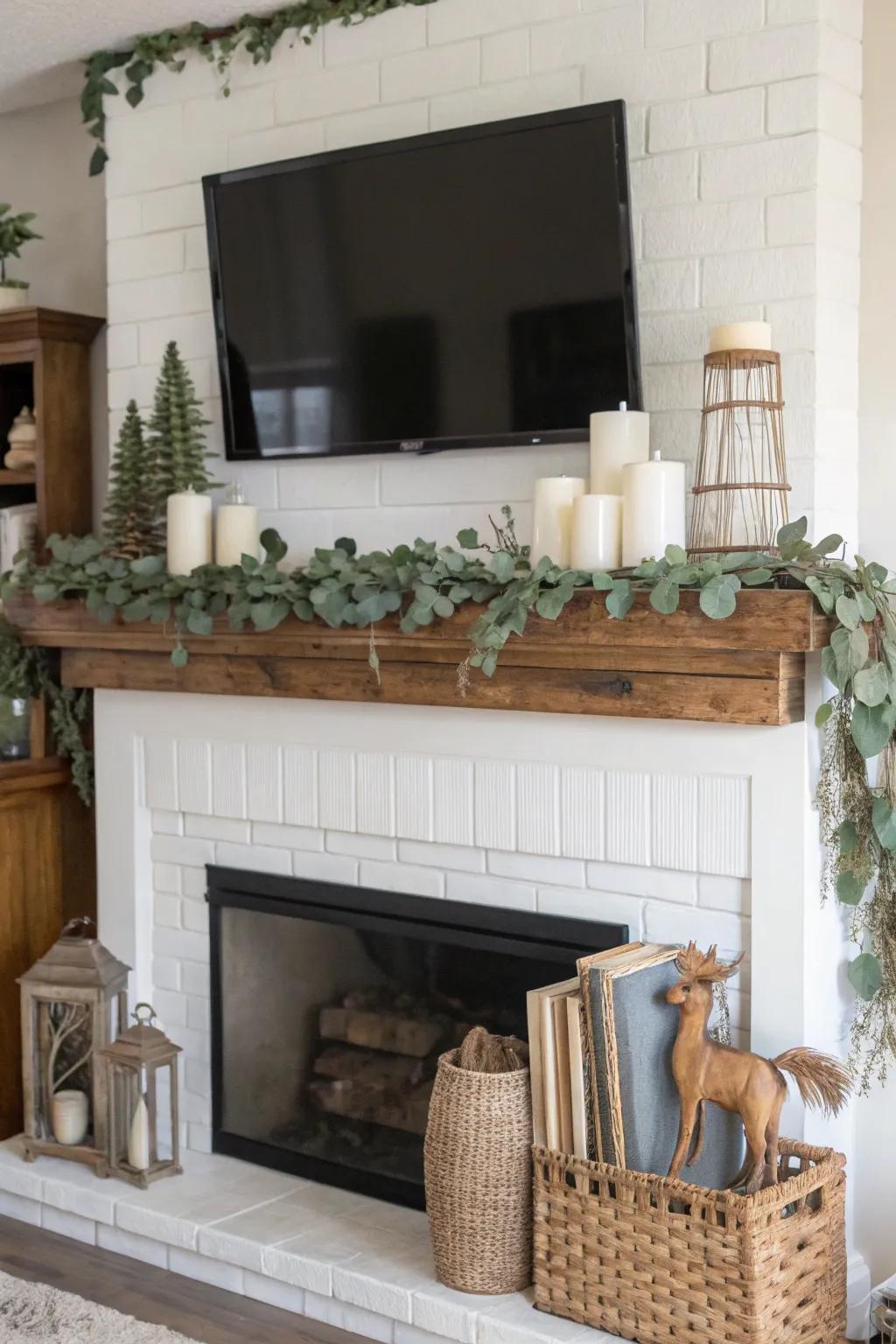 A charming farmhouse mantel exquisitely styled with abundant greenery and country-style accents.