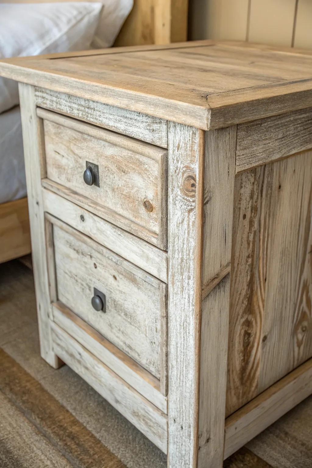 A wooden nightstand is essential for that farmhouse style.