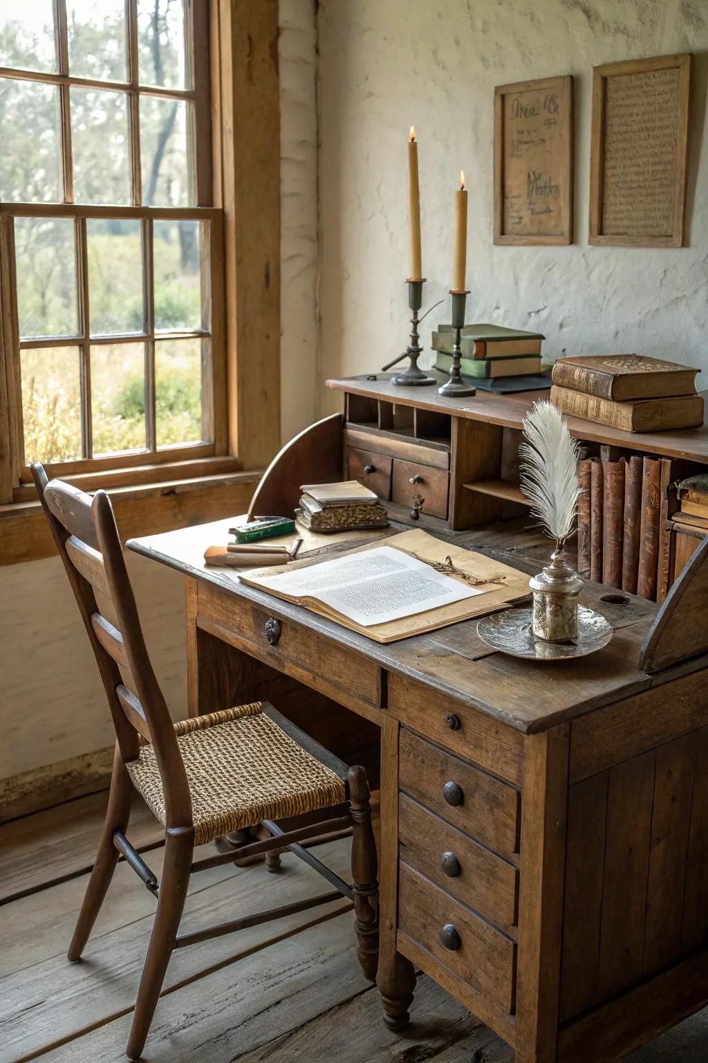 Country-style wood desk and seat evoke classic charm.