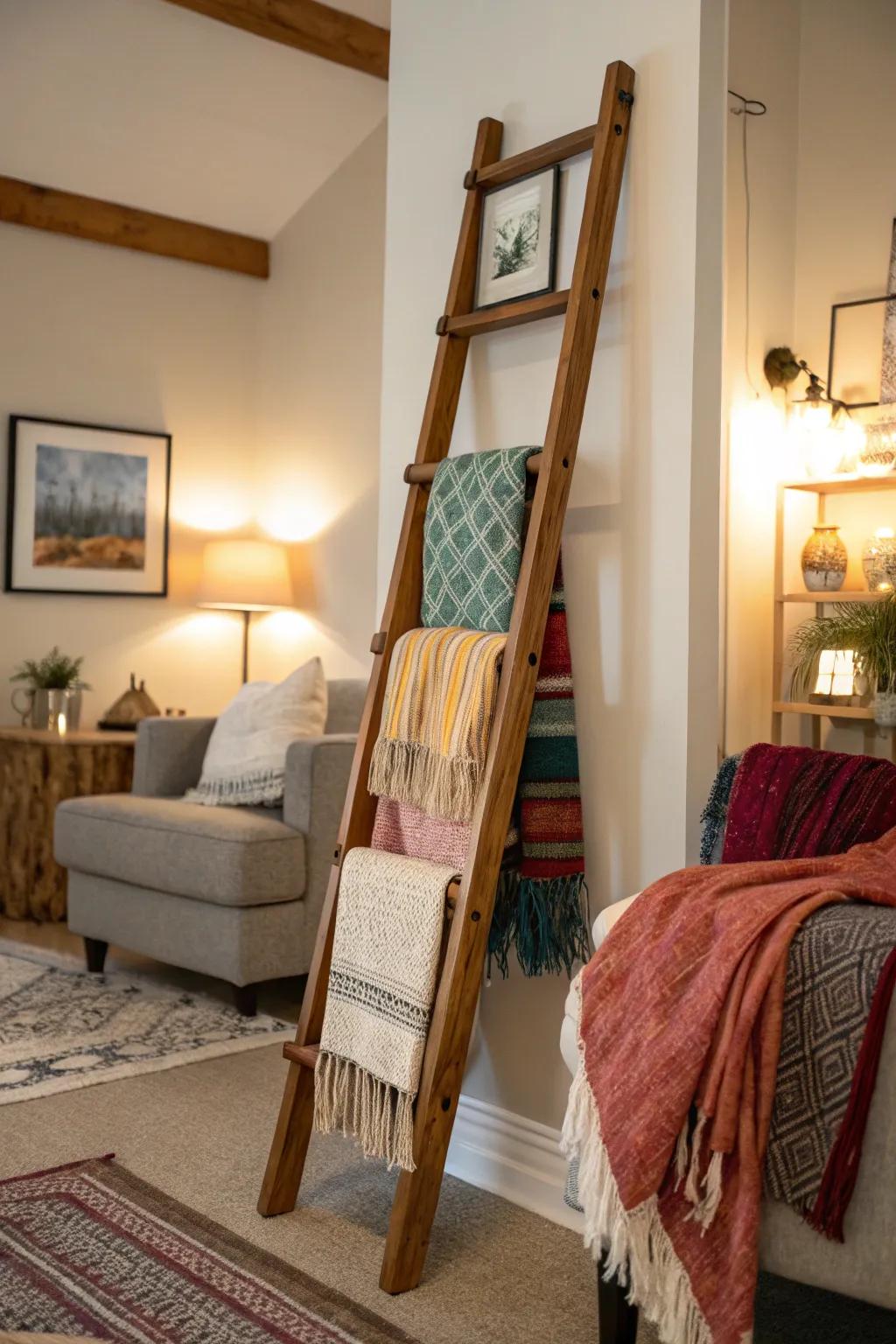 Inviting blanket display using a ladder in a farmhouse-inspired living area