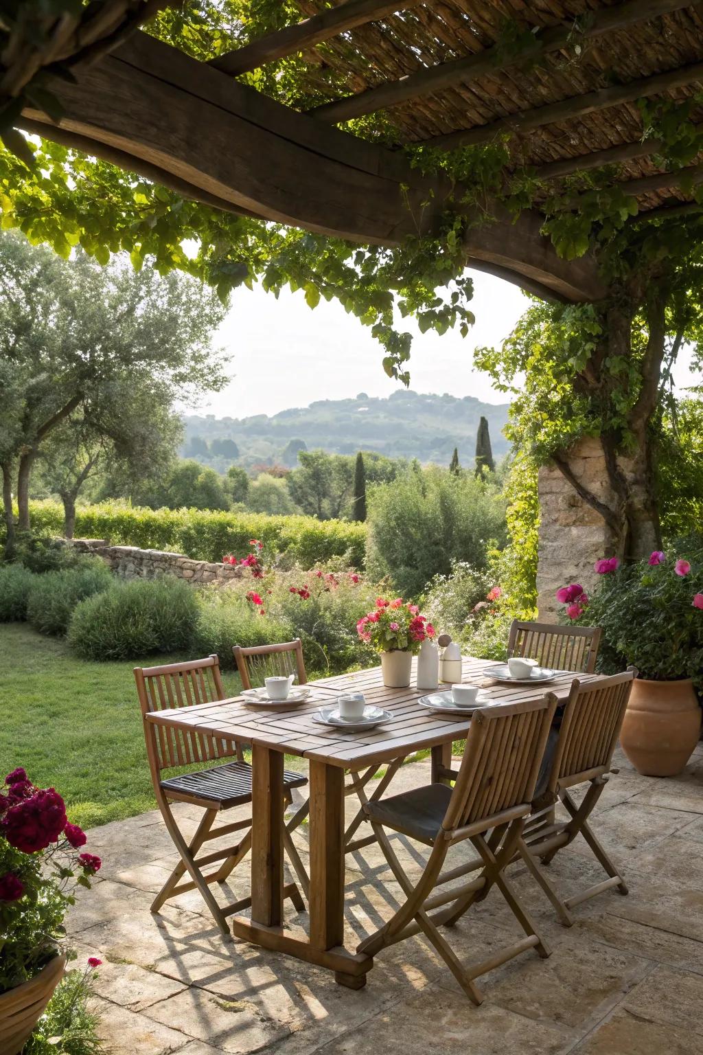 A classic wooden table and chairs create a welcoming farmhouse patio atmosphere.