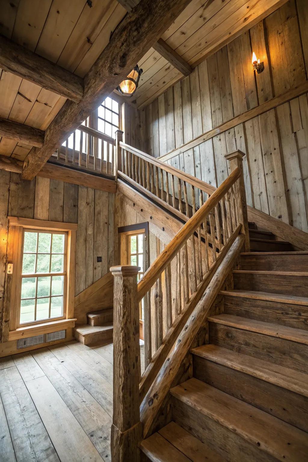 Reclaimed timber railing offers coziness and a feeling of heritage to your home.