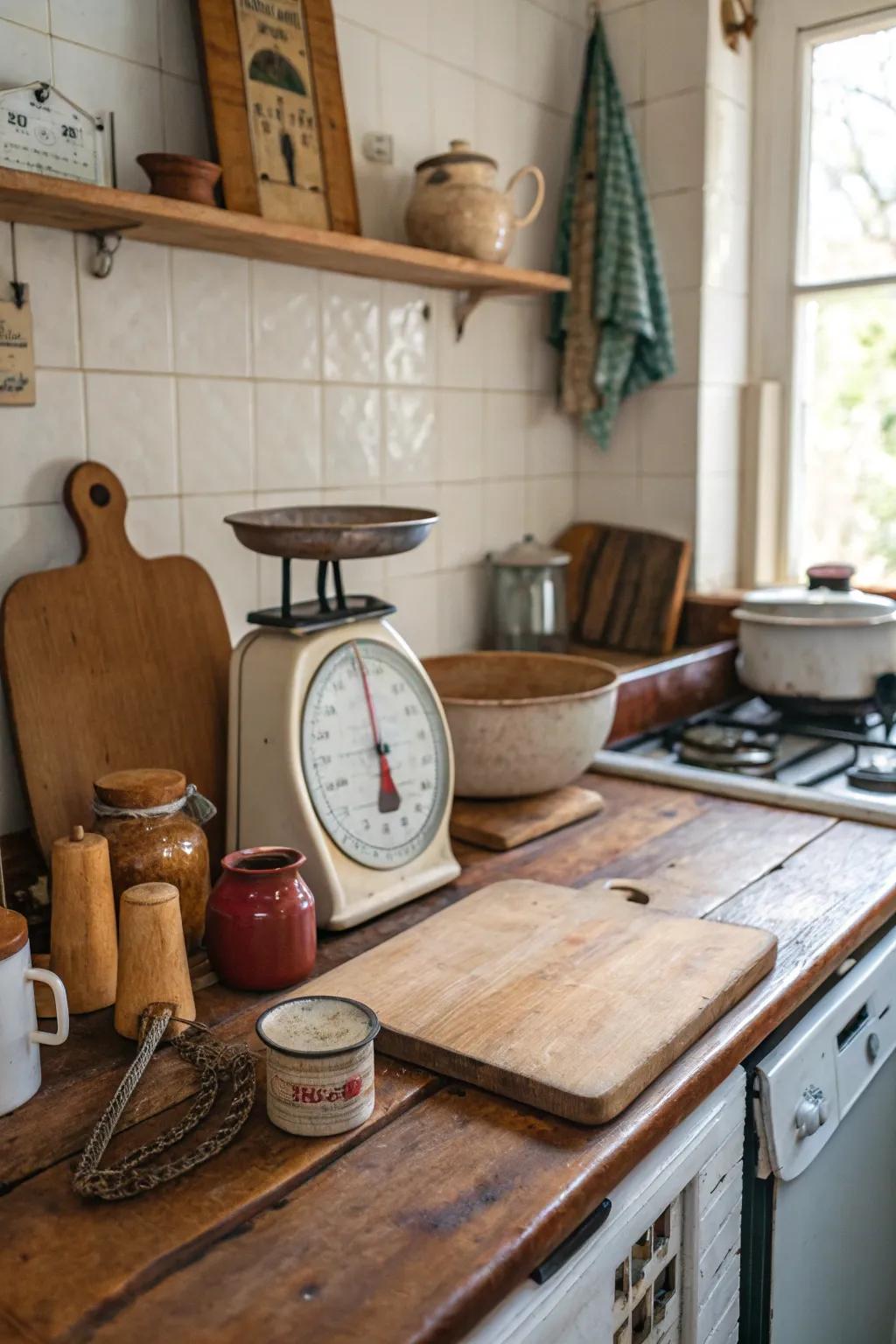 A retro scale serving as the highlight of a charming kitchen counter.