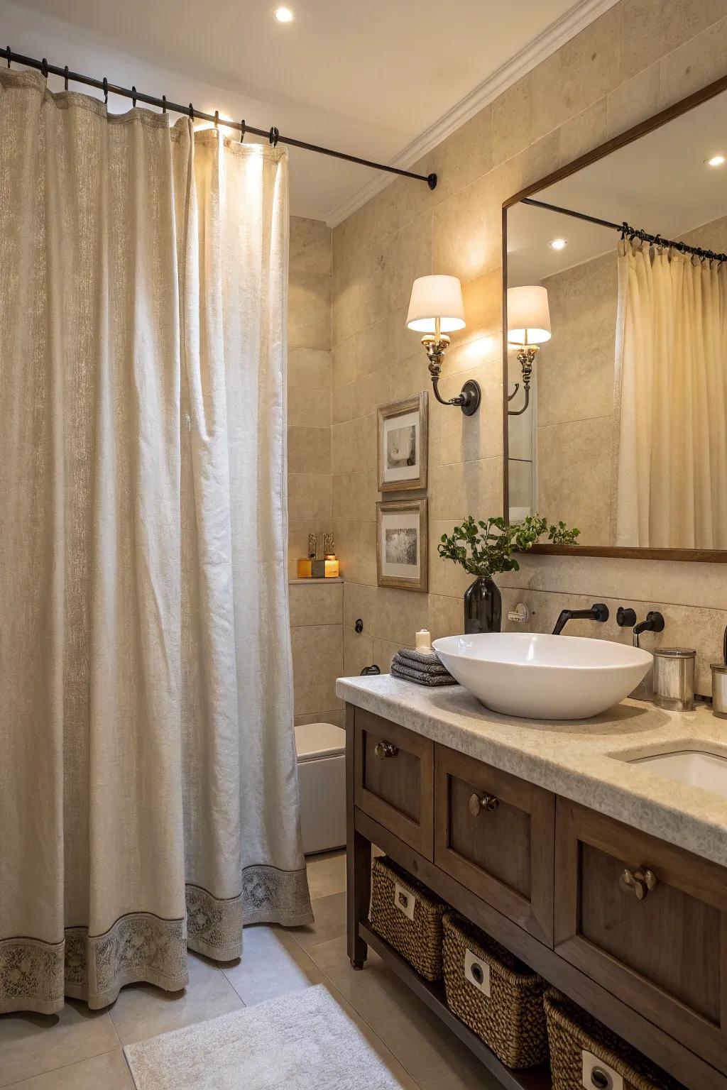 An exquisite bathroom displaying a flax shower curtain with gentle illumination.