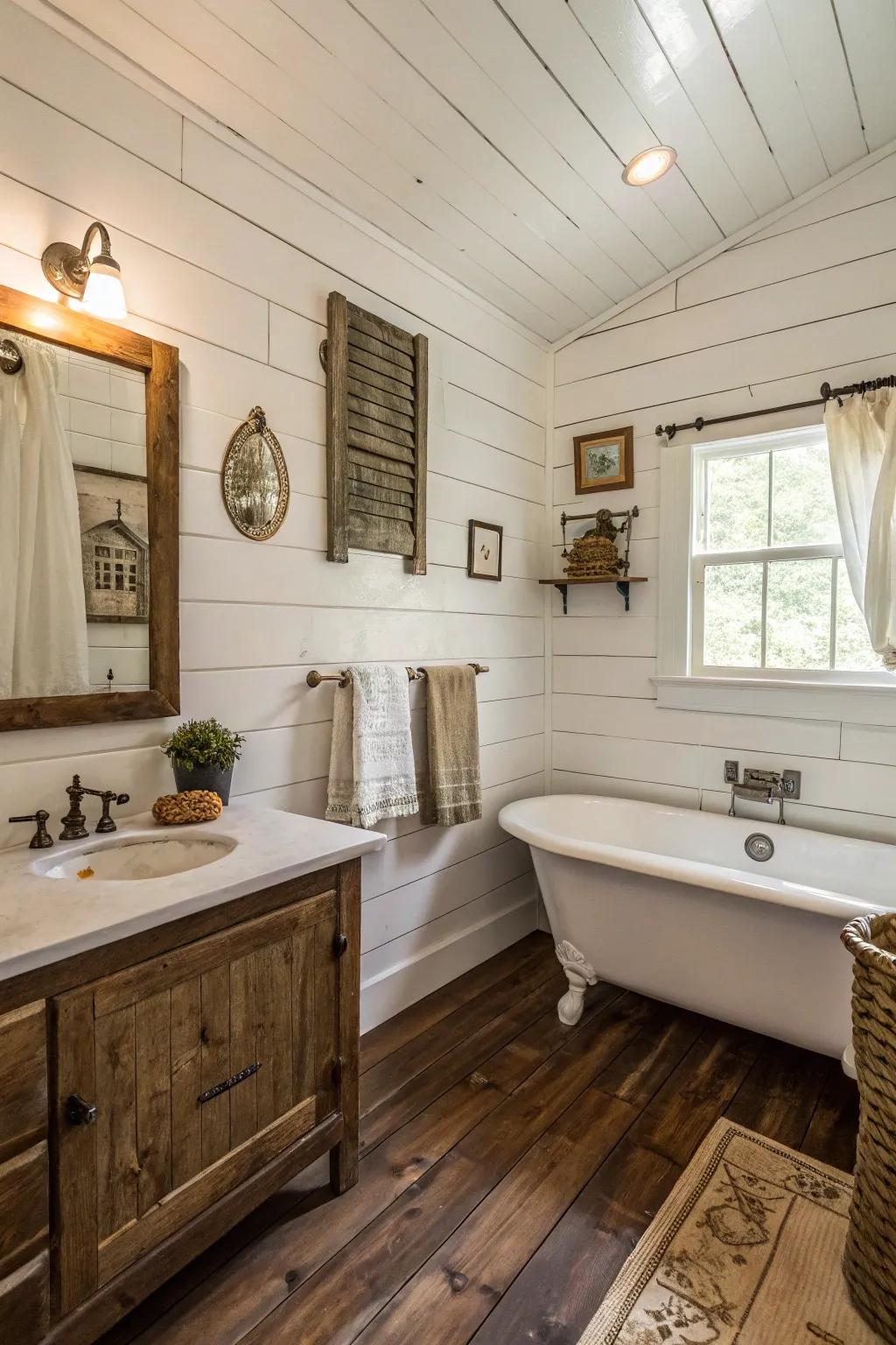 Crisp white shiplap walls provide a fresh farmhouse charm to this compact bathroom.