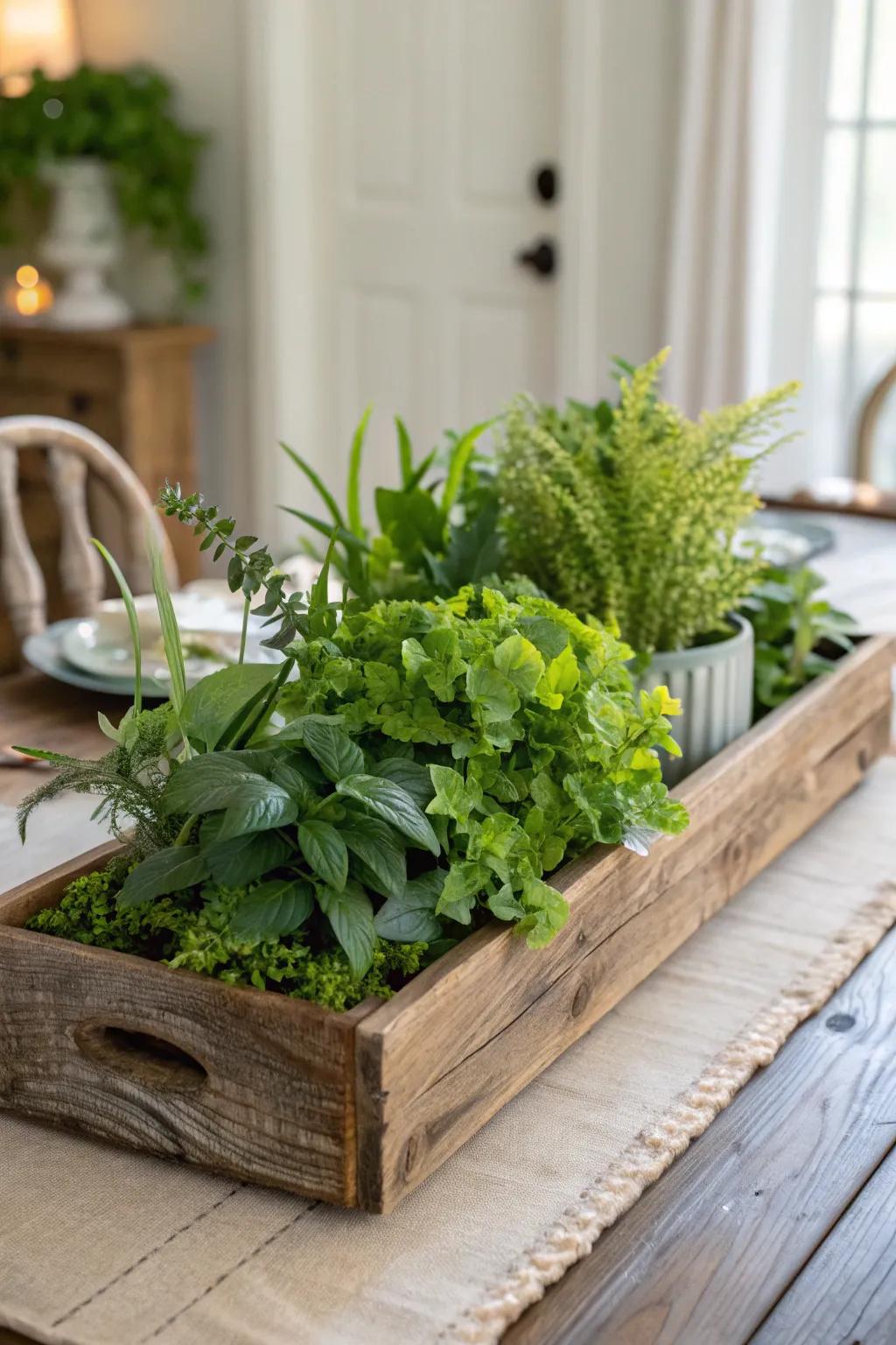 A countryside wood tray overflowing with lively greenery creates a welcoming centerpiece.
