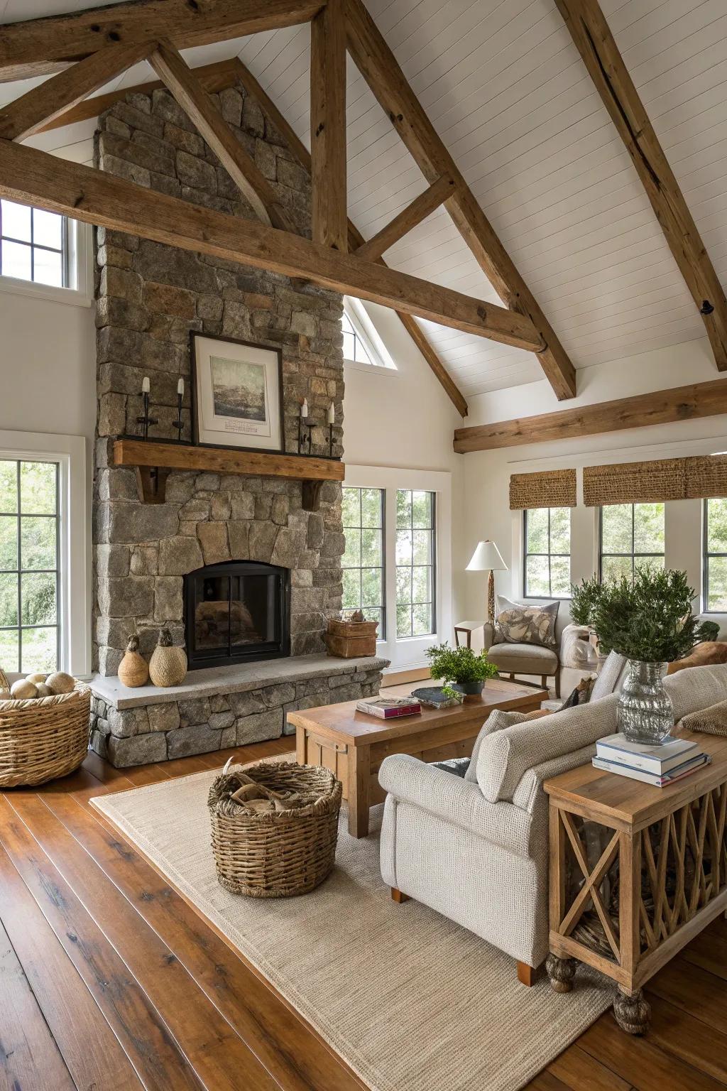 A rustic farmhouse living space showcasing exposed wood beams and a stone fireplace.