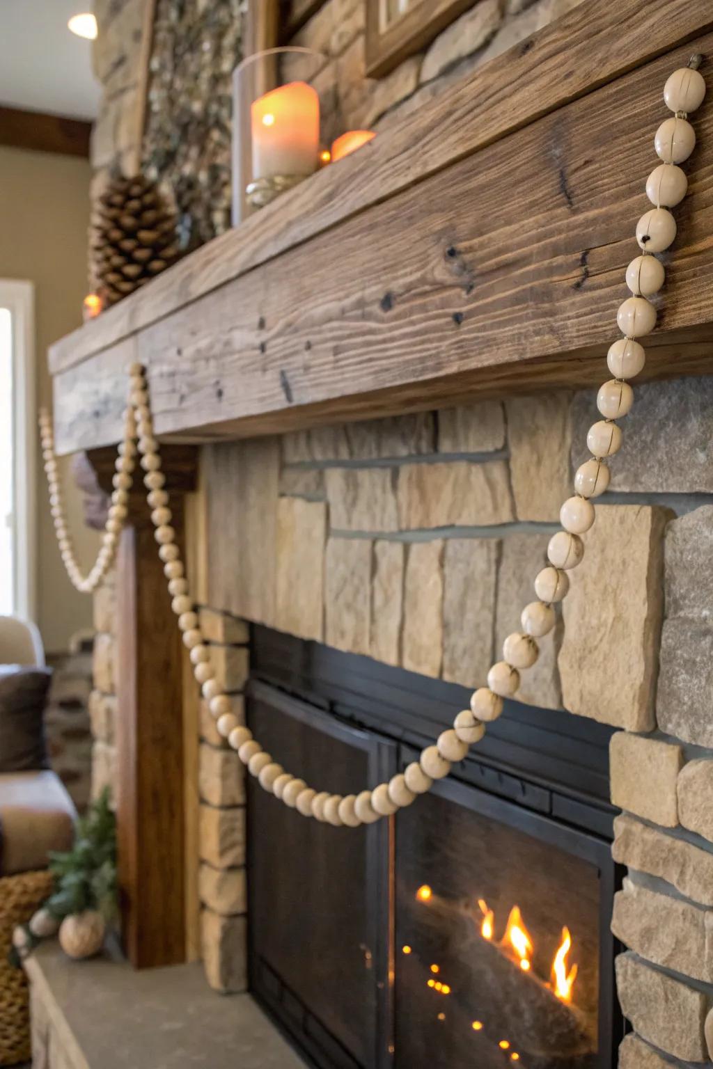 Beaded strand artistically arranged on a countryside mantel.