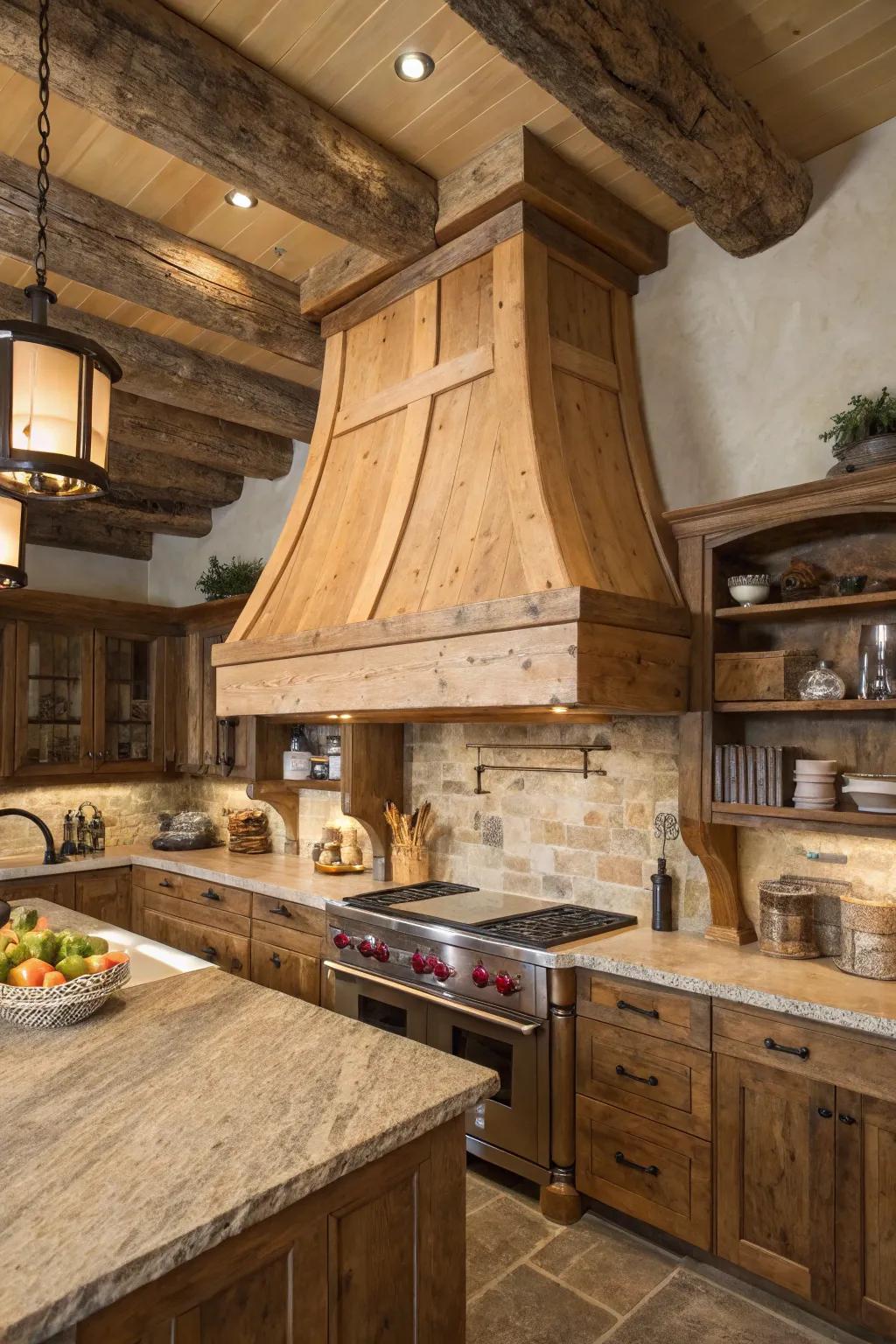 The raw wood pattern on a ventilator cover enriches the kitchen with countryside charm.