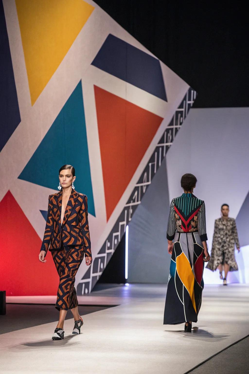A fashion runway showcasing a geometric backdrop that enriches the show's theme.