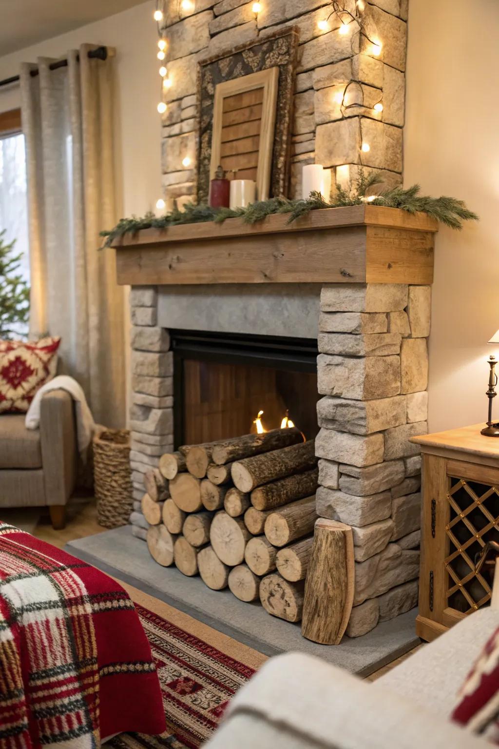An artificial fireplace decorated with birch-like logs.