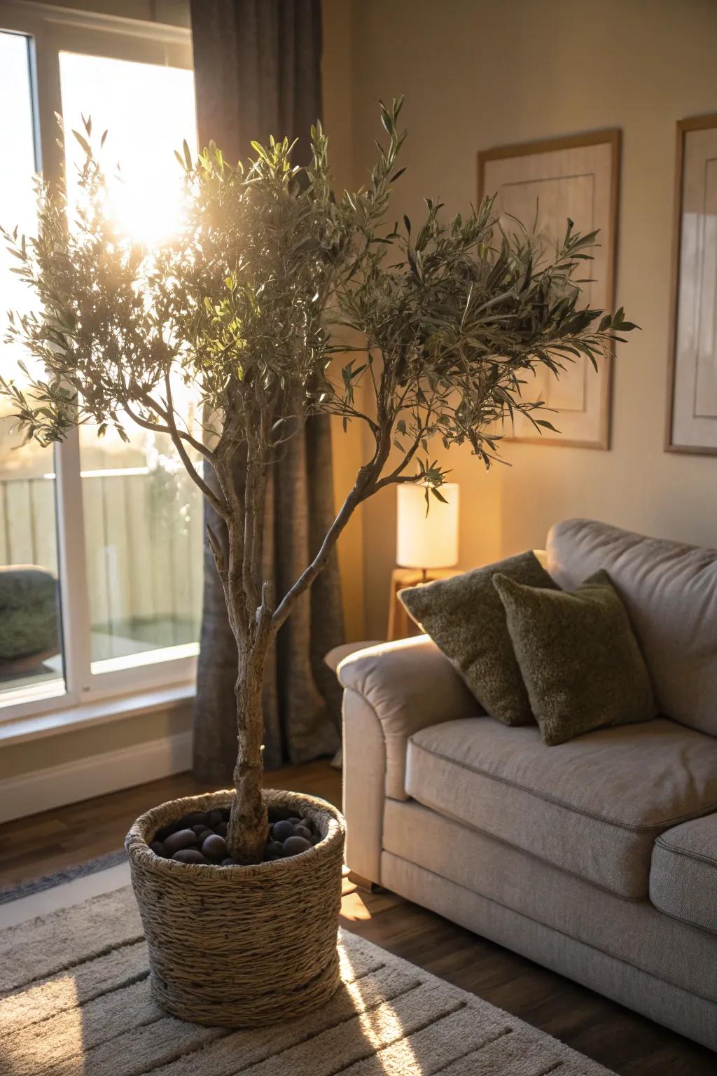 Design a tranquil living space with an artificial olive tree.