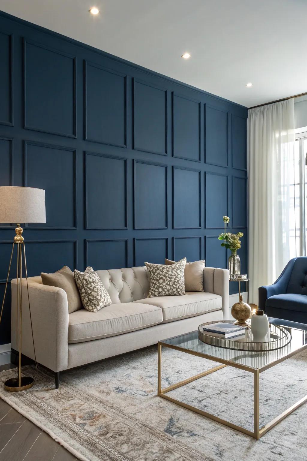 A striking teal accent wall creates a bold focal point.