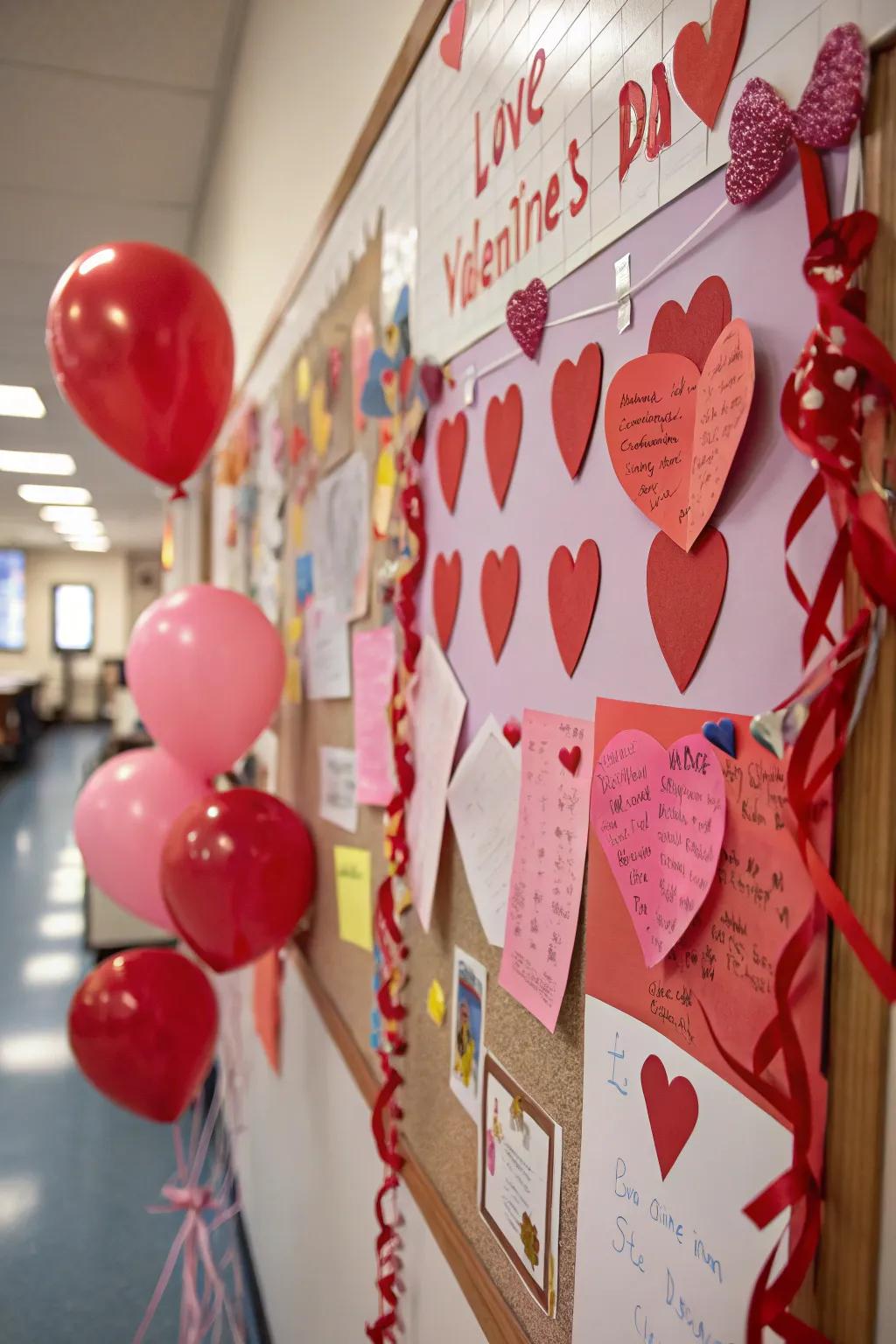 A Valentine-themed bulletin board adorned with hearts and love messages.