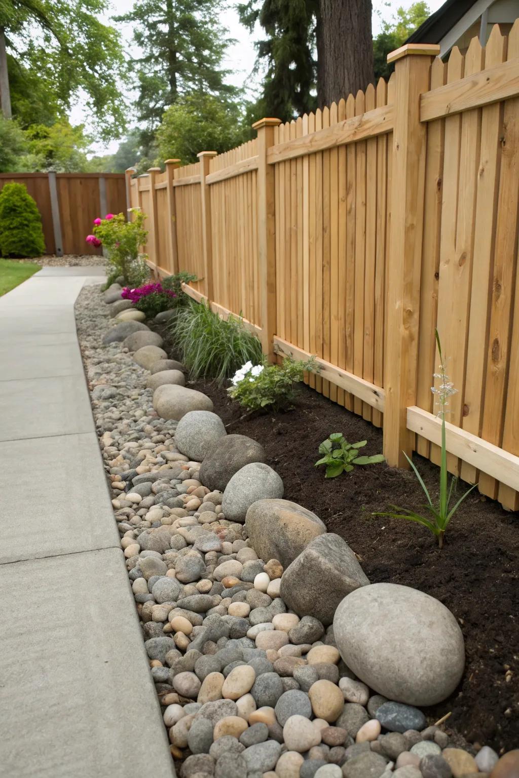 A border of stones introduces a touch of timeless charm to any fence.