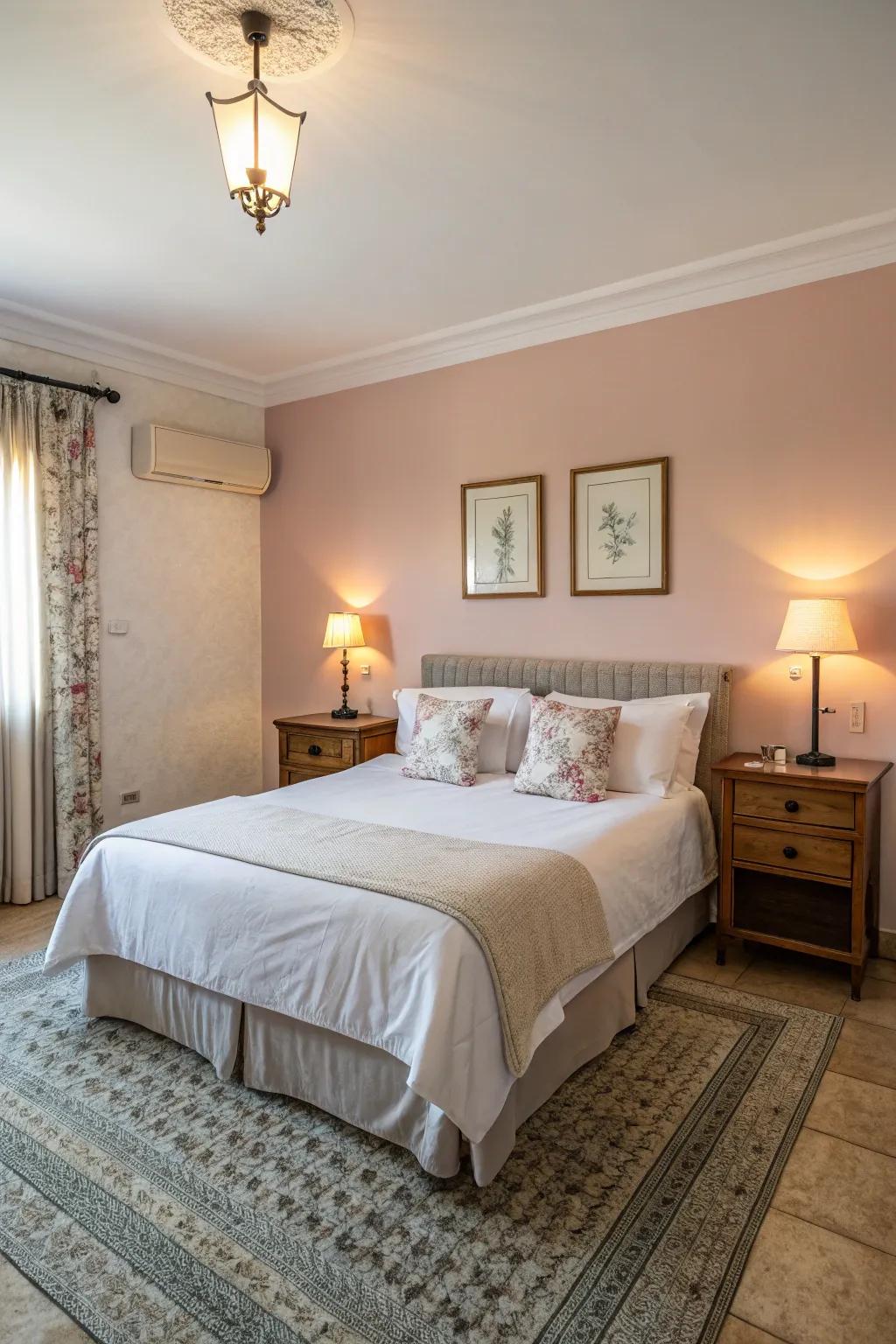 Balanced symmetry enhances the bedroom’s peaceful ambiance.