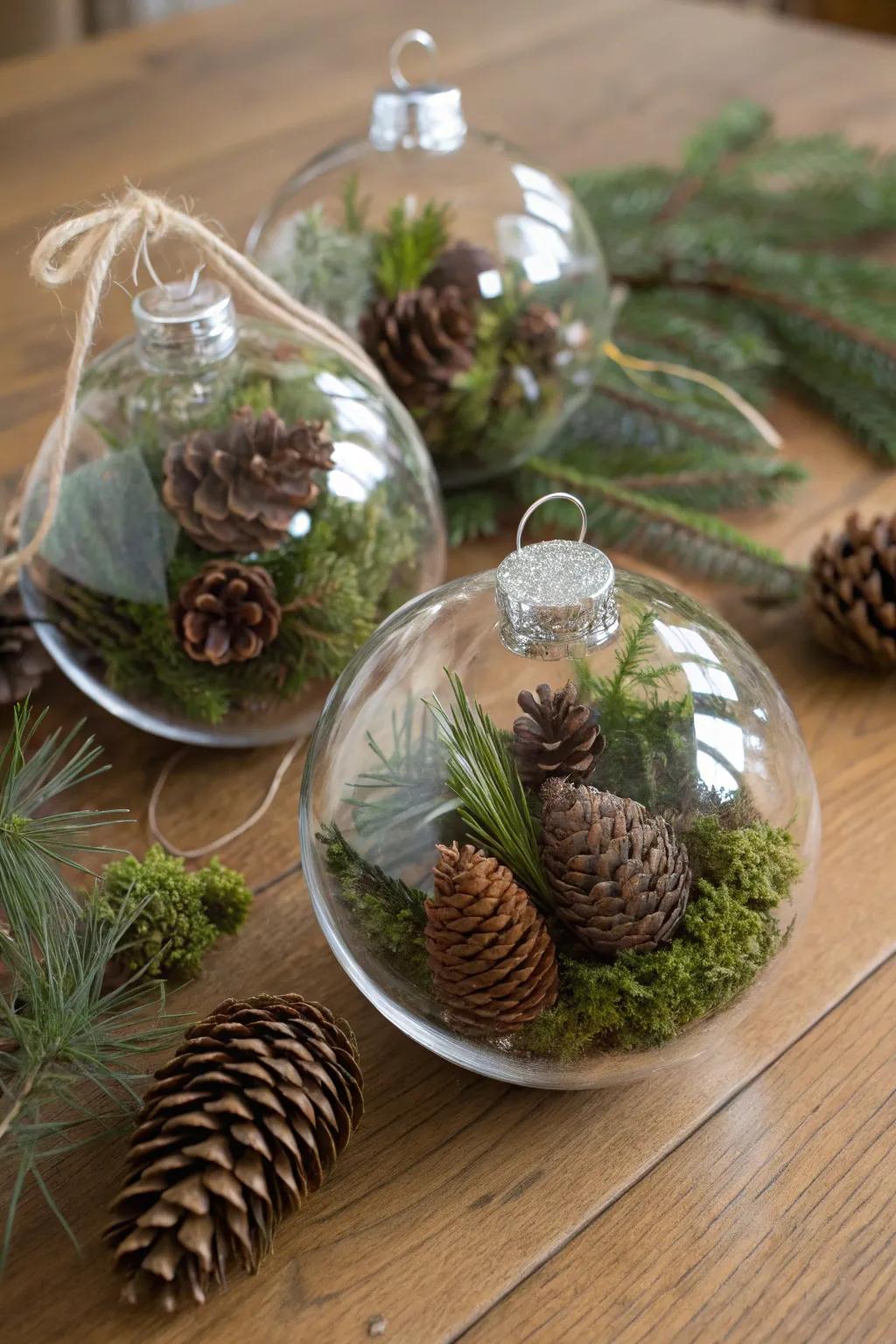 Ornaments featuring elements straight from nature like delicate pine cones and soft moss.