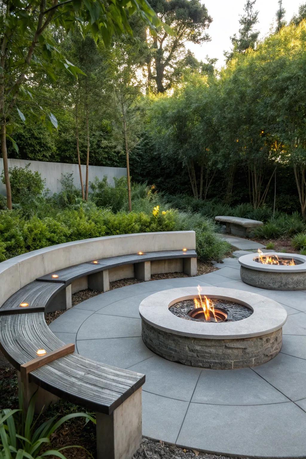 Round stone benches provide a classic and group-friendly seating solution.