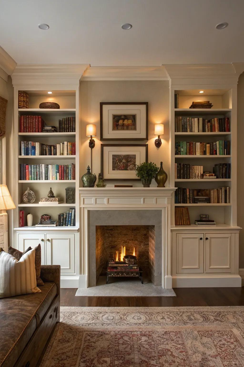 A living area showcasing a fireplace with balanced shelving, the perfect place for displaying books and d&eacute;cor.