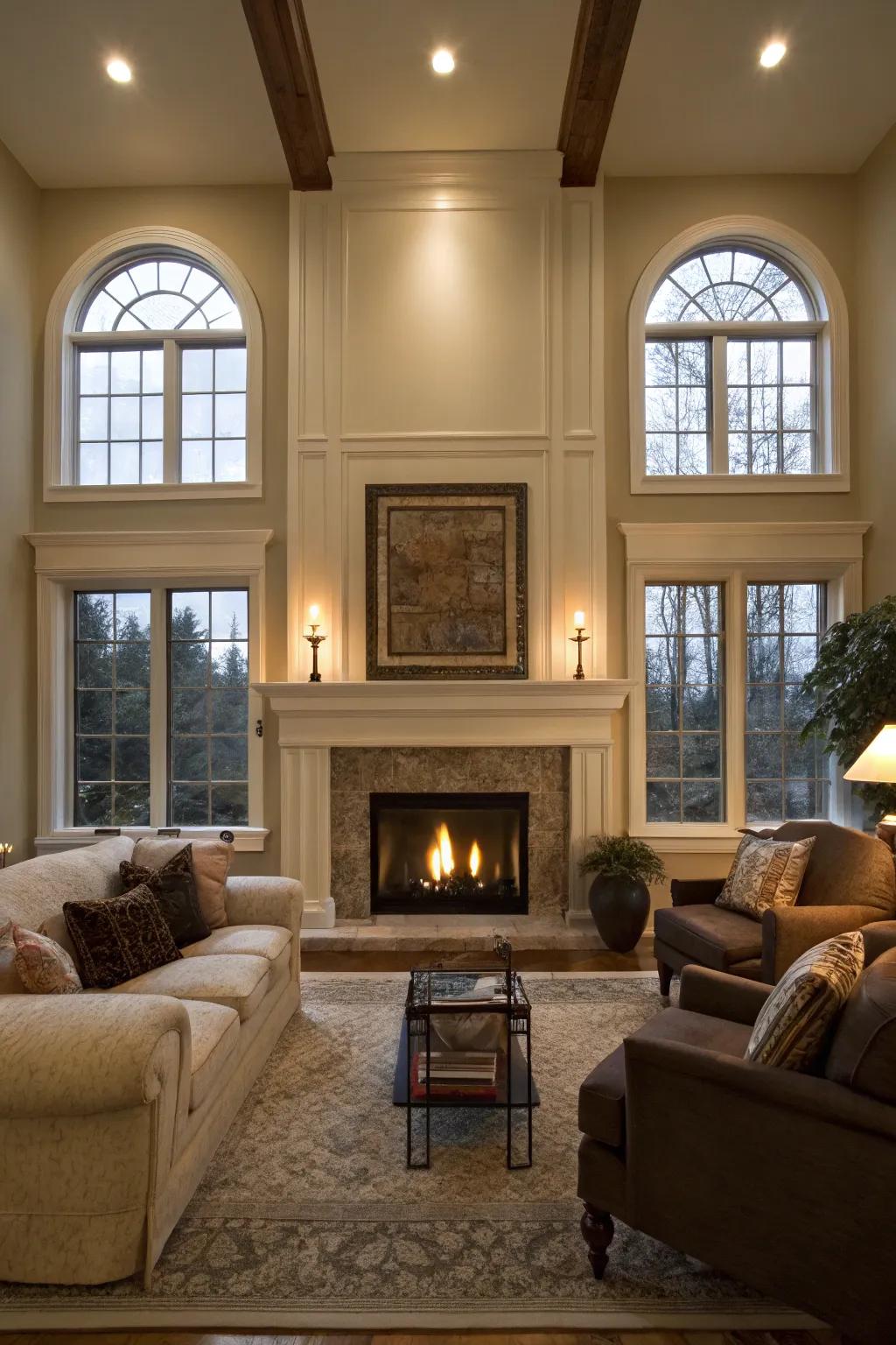 A balanced design produces a serene environment, with the fireplace serving as the focal point.