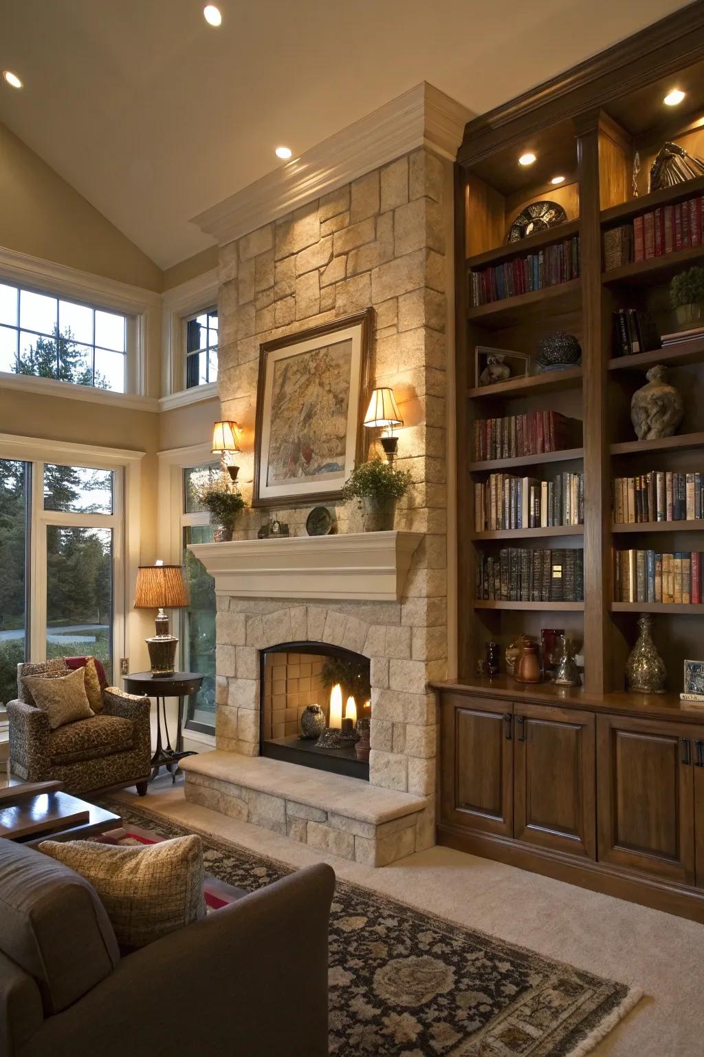 Custom shelves placed around the fireplace produce a sophisticated and practical display space.