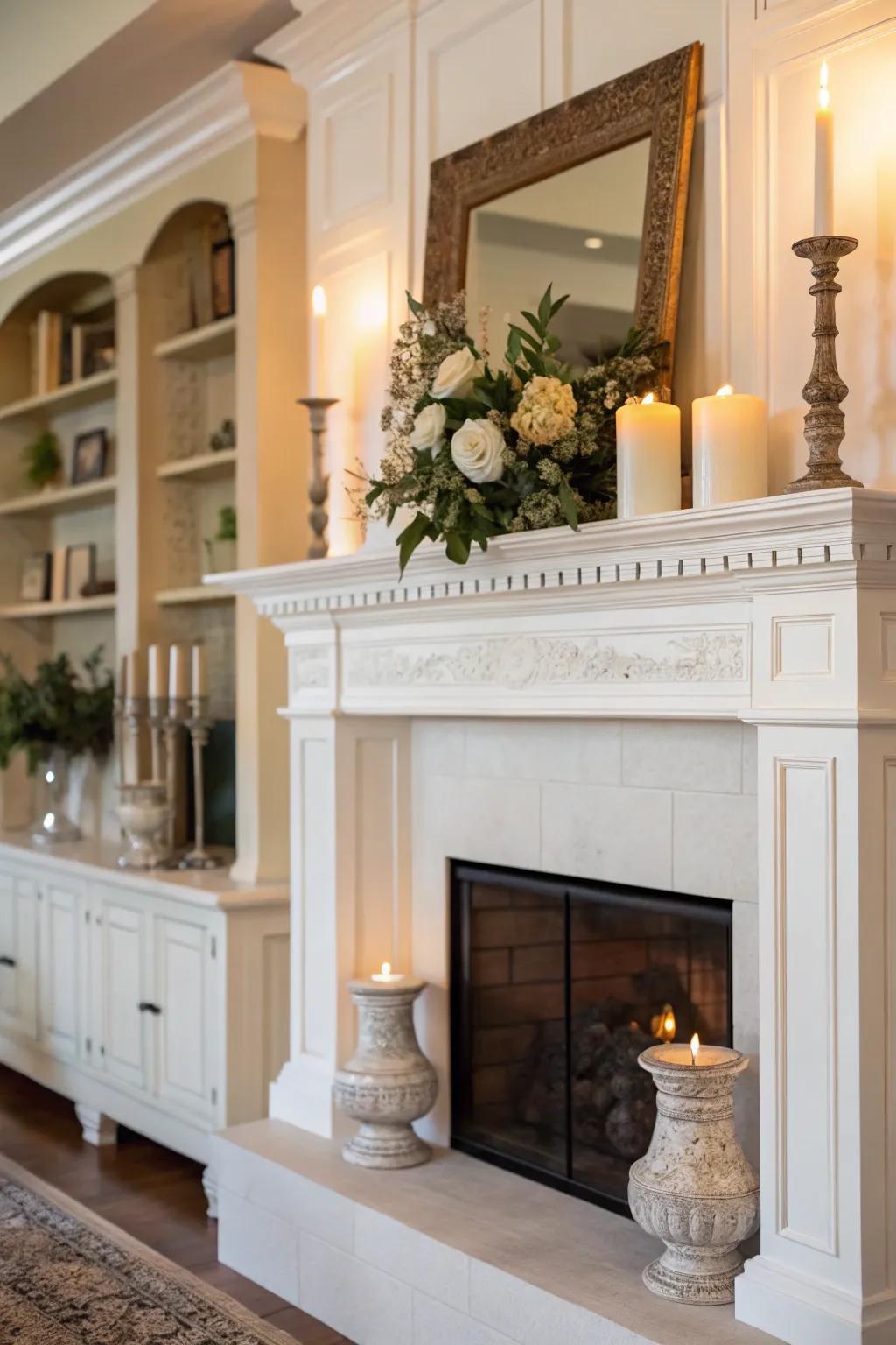 A fireplace enhanced with classic white finishes, radiating timeless grace and elegance.