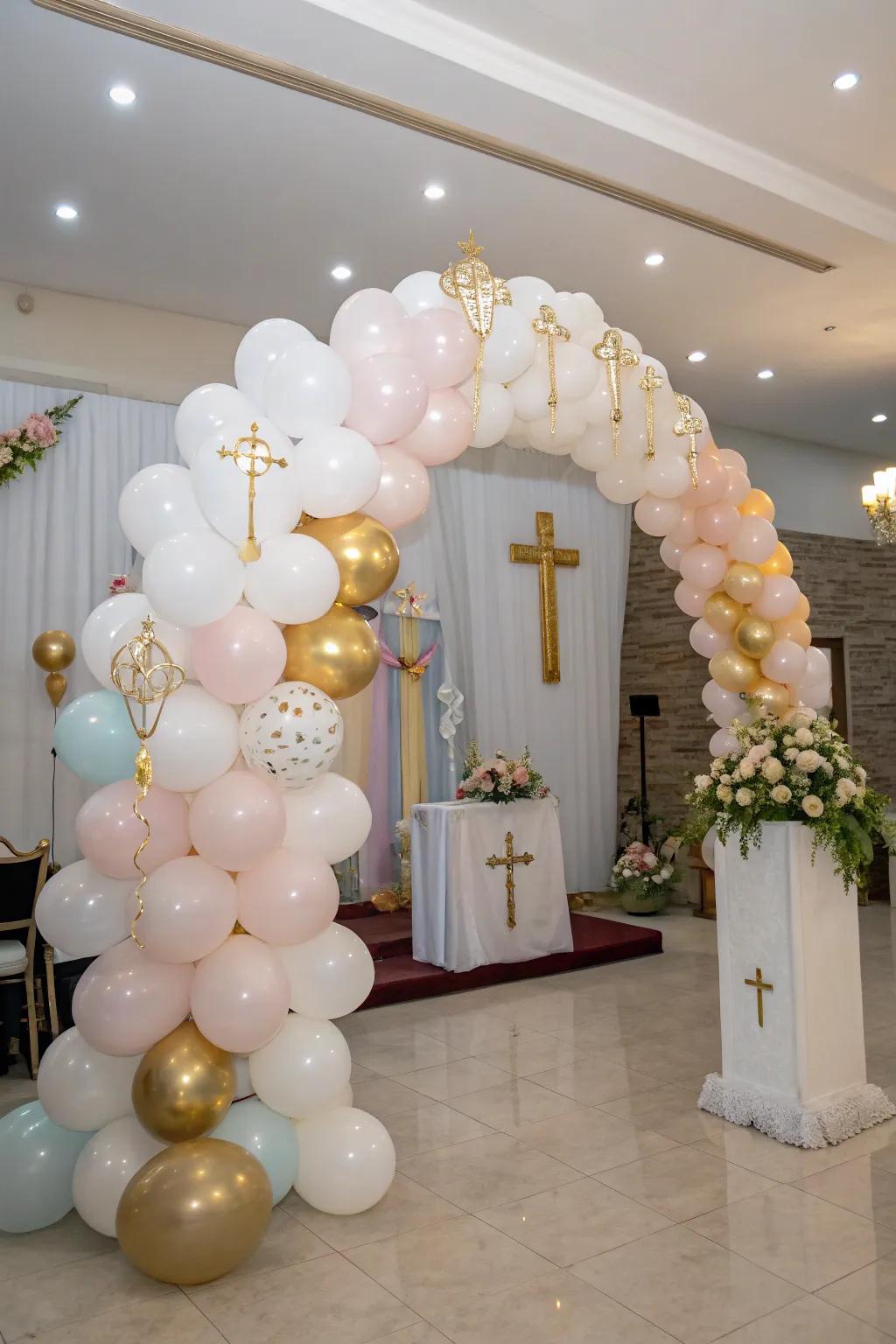A stunning balloon arch perfect for highlighting any First Holy Communion celebration.