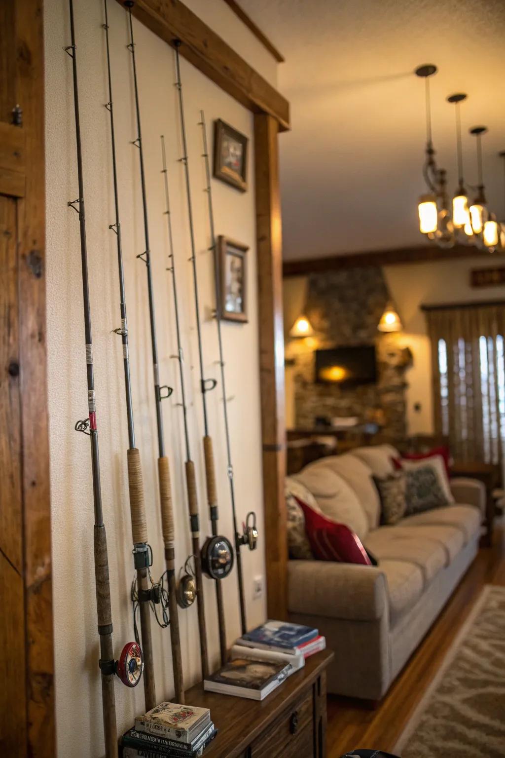 Classic fishing poles transform a plain wall into a captivating display.