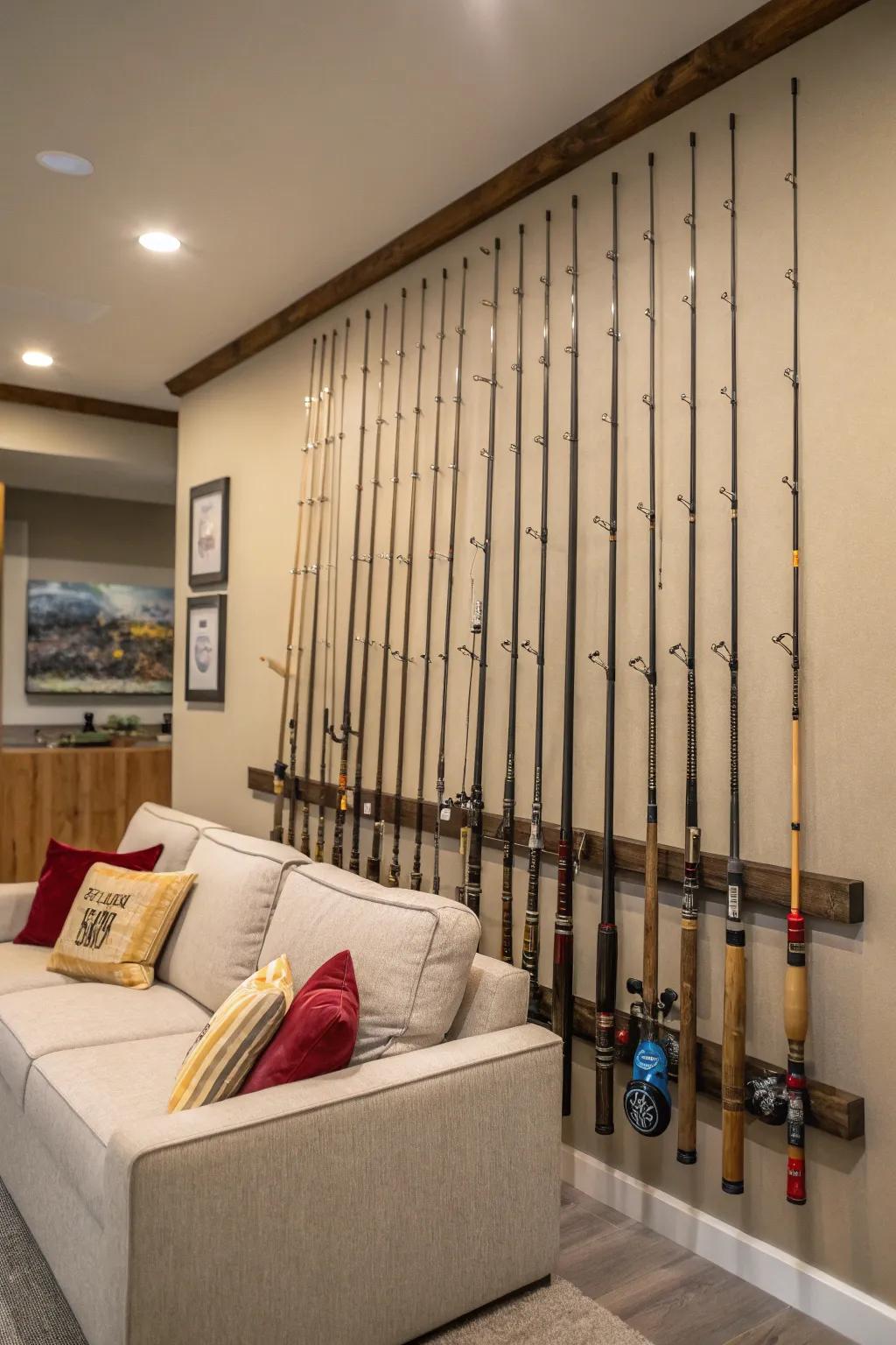 Skillfully arranged angling poles form a charming, countryside-inspired gallery feature.