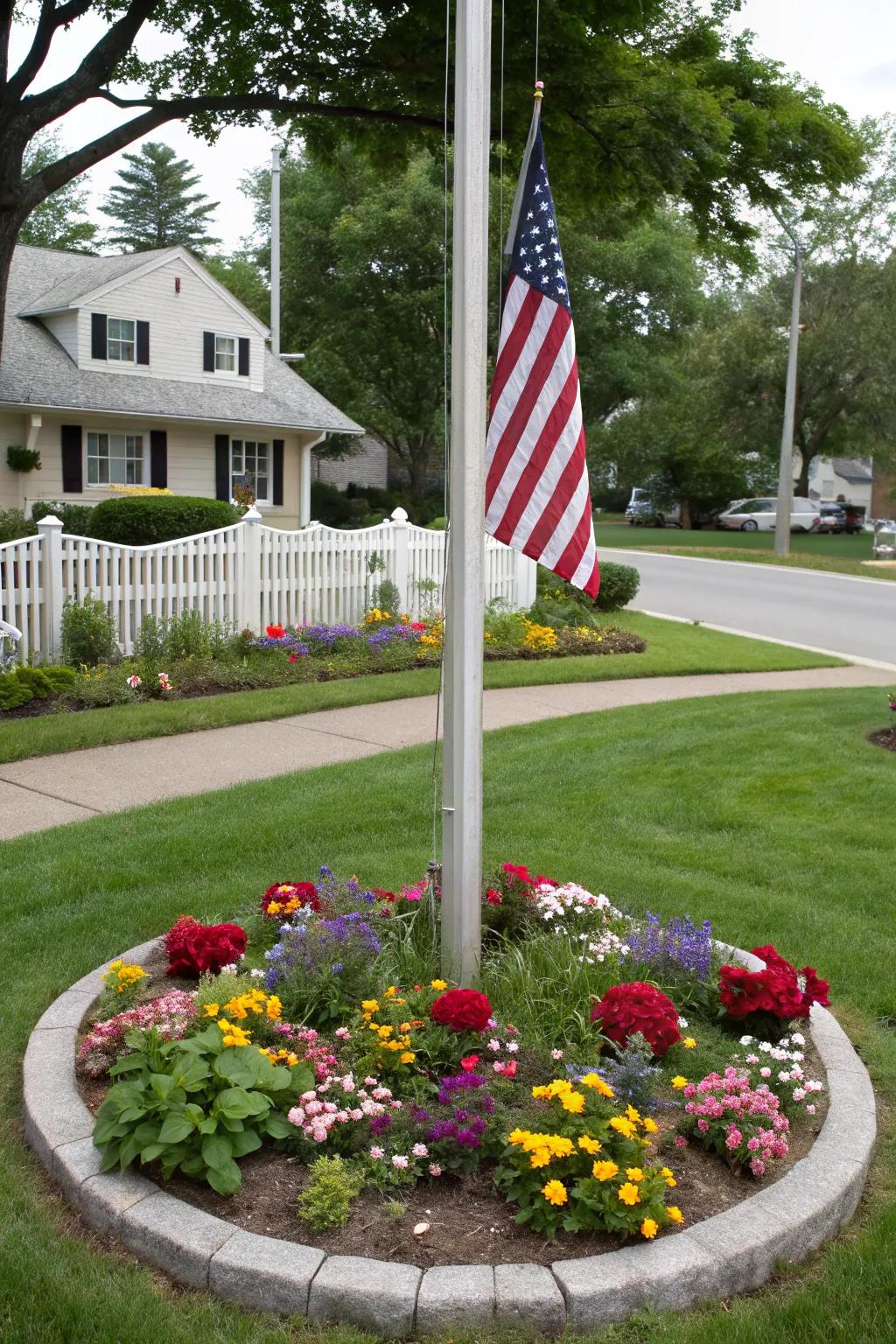 A round flower display around a flagpole creates a mesmerizing center point.