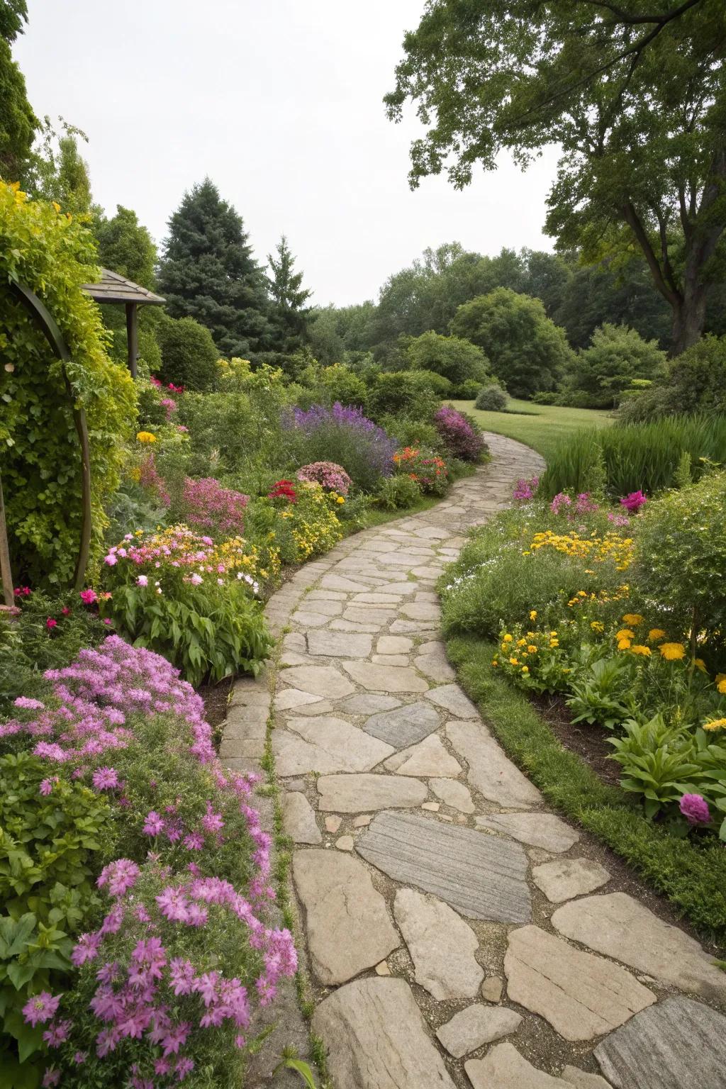 A winding flagstone trail cutting through a colorful flower garden.