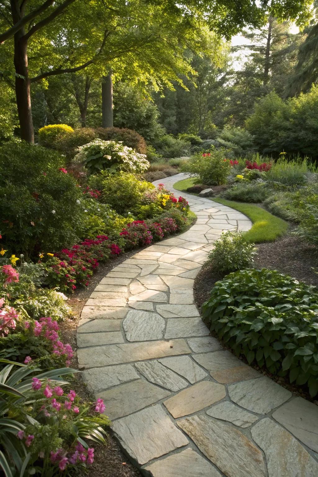 An elegantly curved paving stone pathway meandering through a tranquil garden landscape.