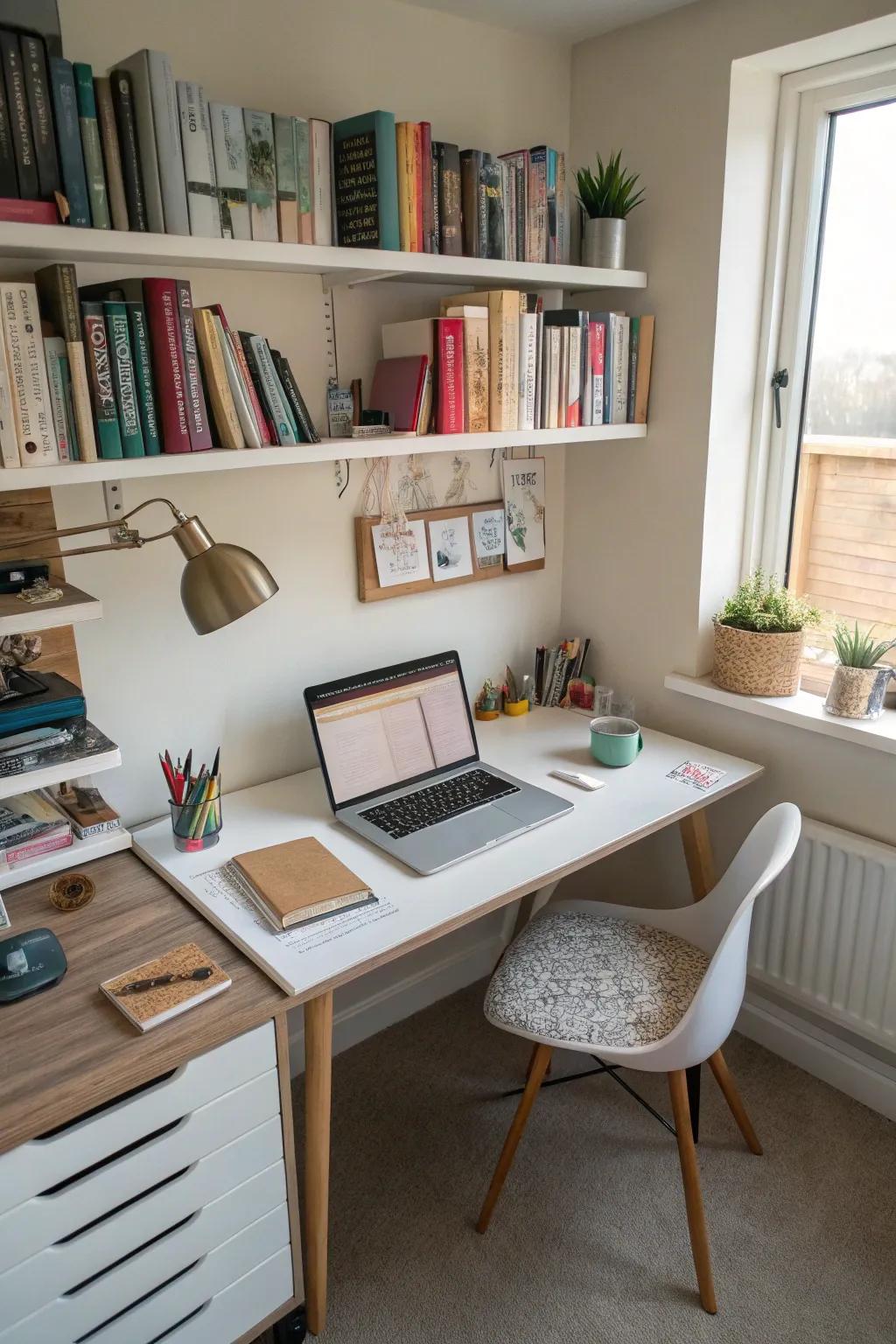 Floating shelves are excellent for maximizing vertical space in a limited home office setup.