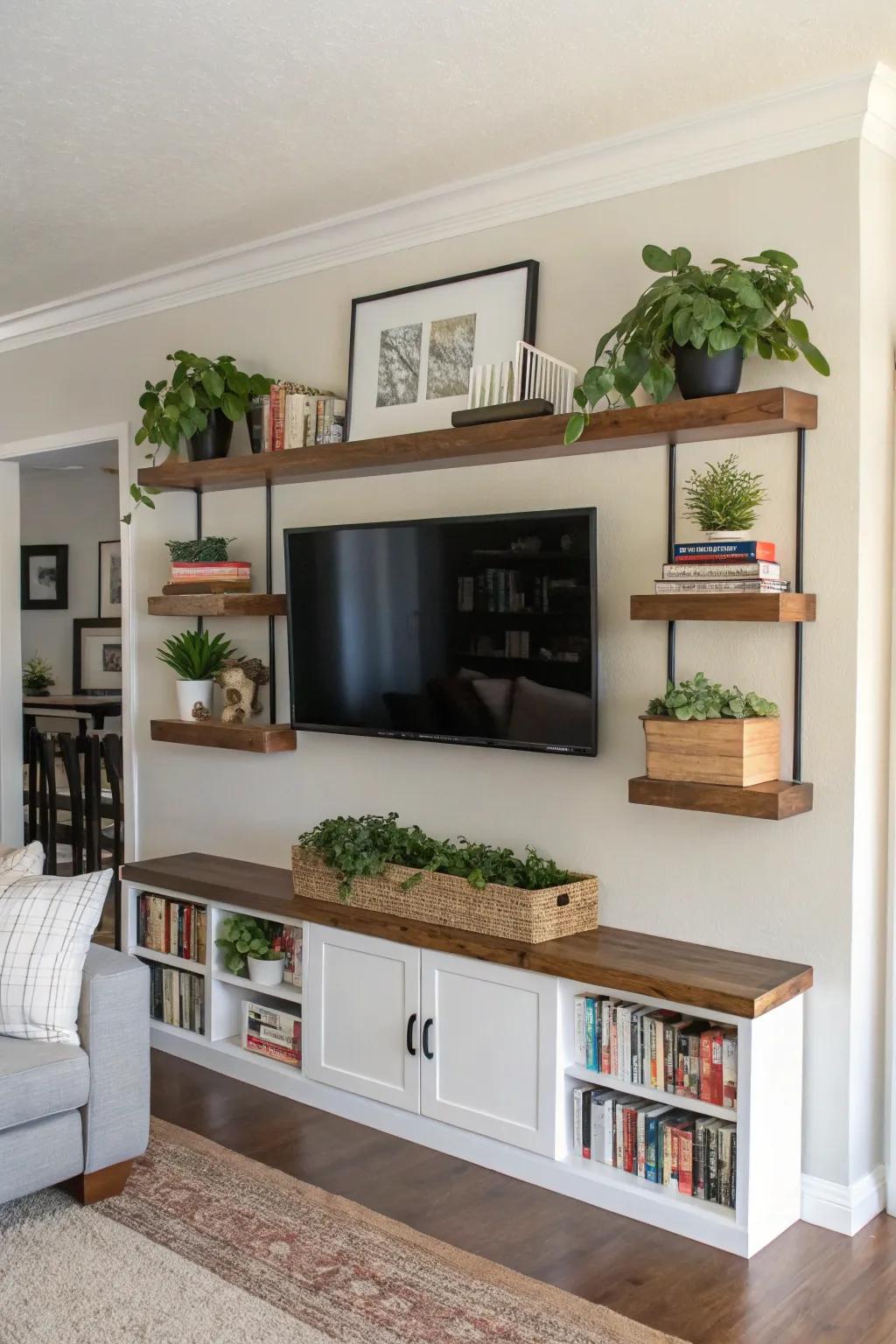 Establish harmony by arranging floating shelves symmetrically surrounding your TV.