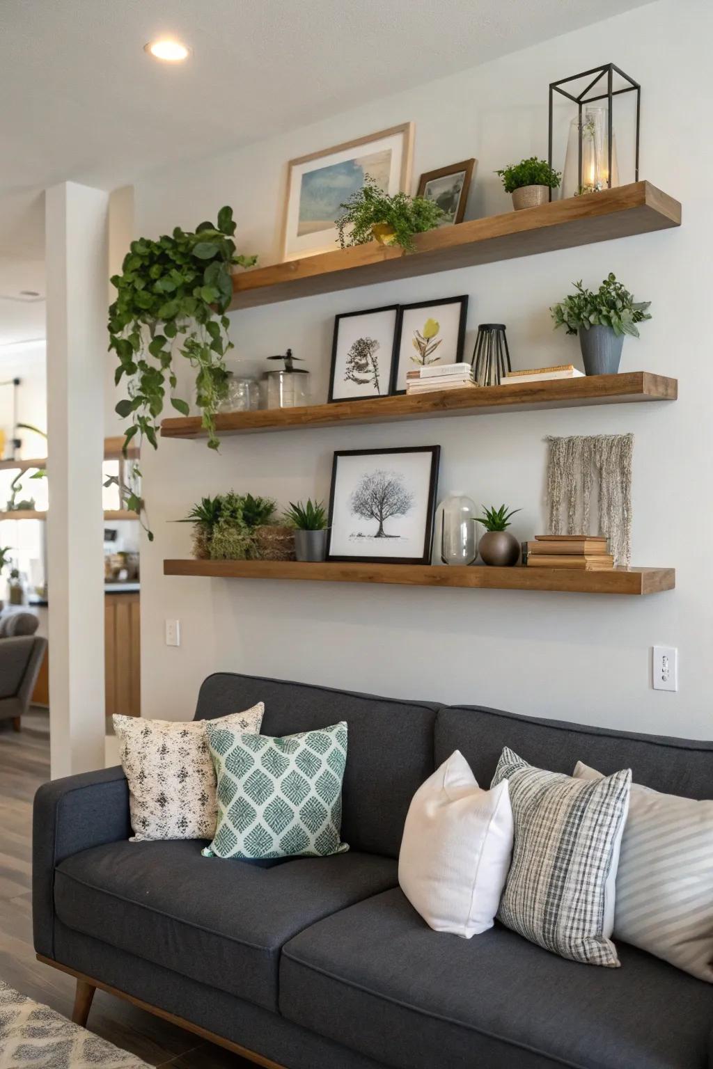 Floating shelves above a sofa bring both charm and function.
