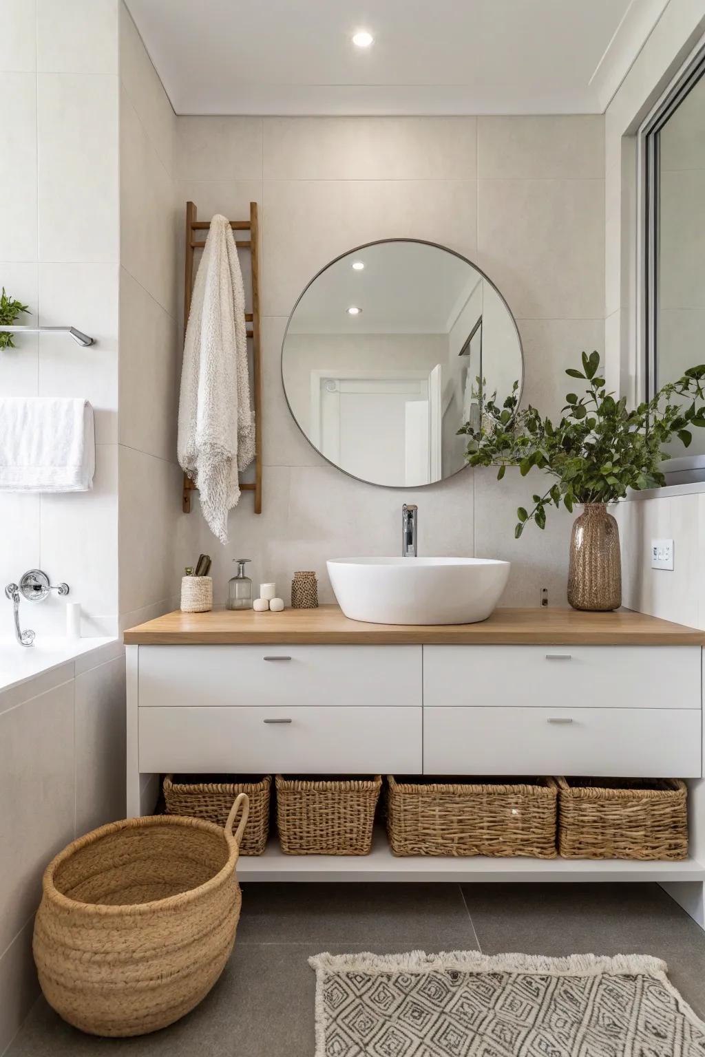 A minimalist bathroom showcasing a white floating vanity in balanced neutral shades.