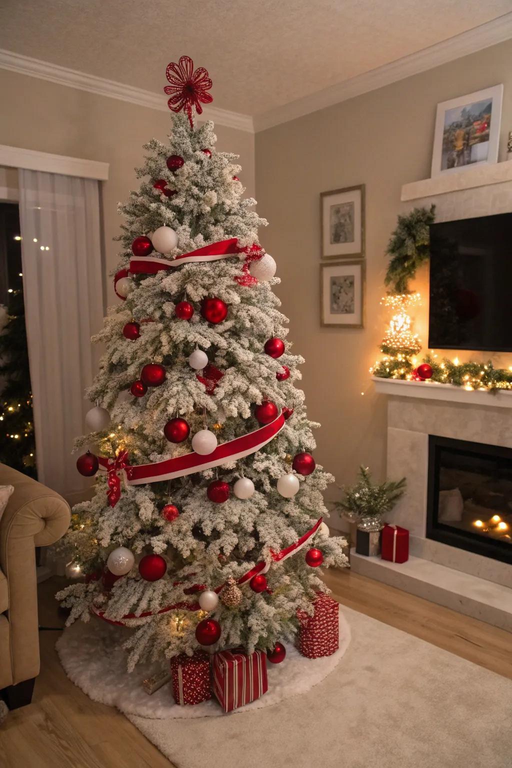 A classically adorned red and white flocked Christmas tree.