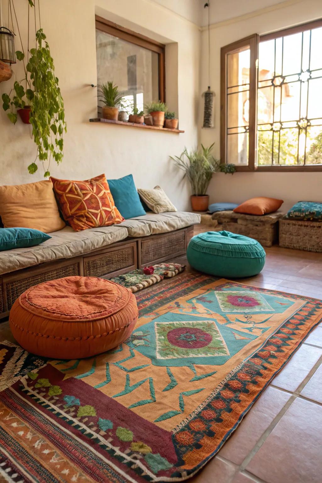 Floor seating with a Bohemian theme brings an explosion of color and creativity.