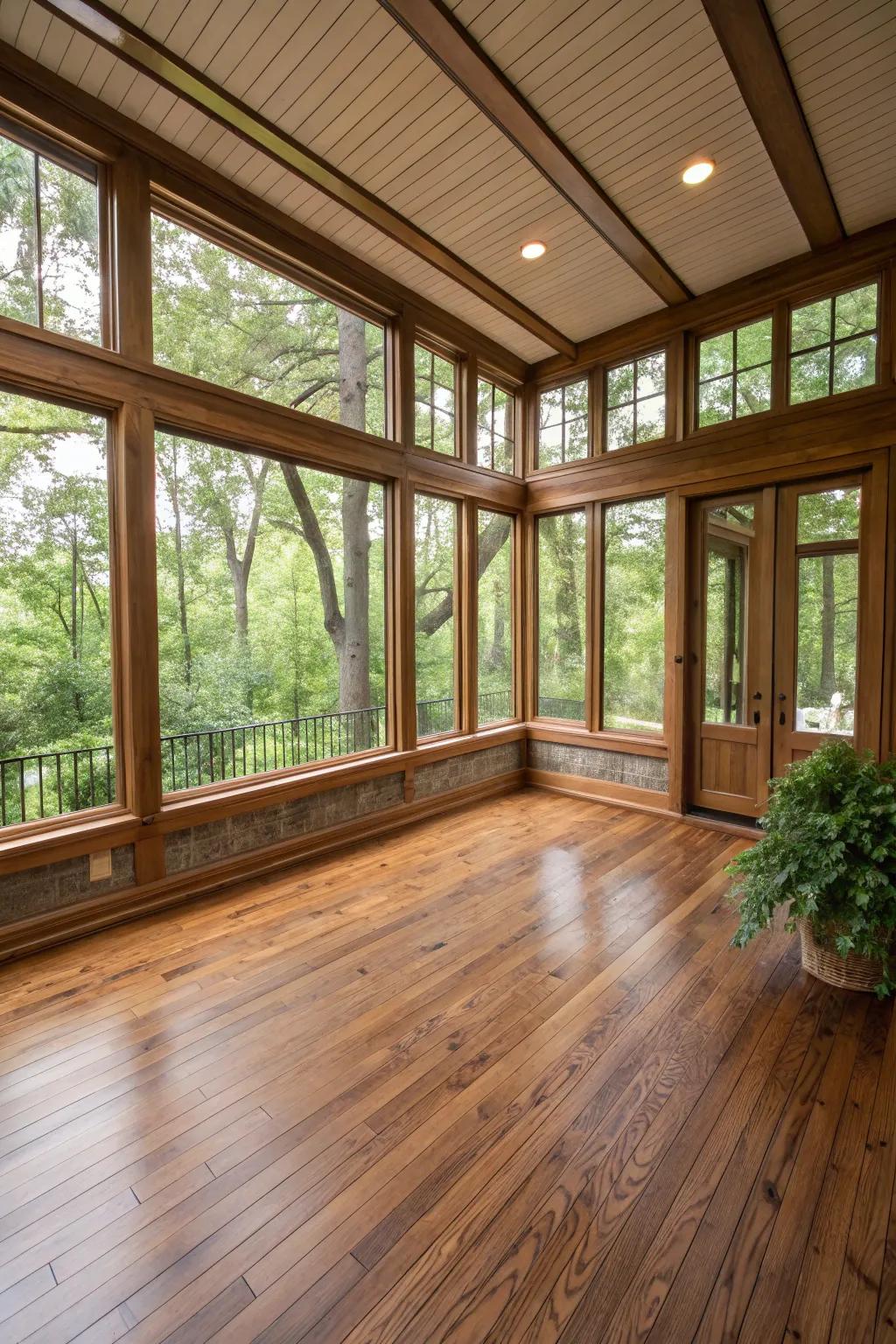 Hardwood flooring provides a timeless, elegant look to this seasonal room.