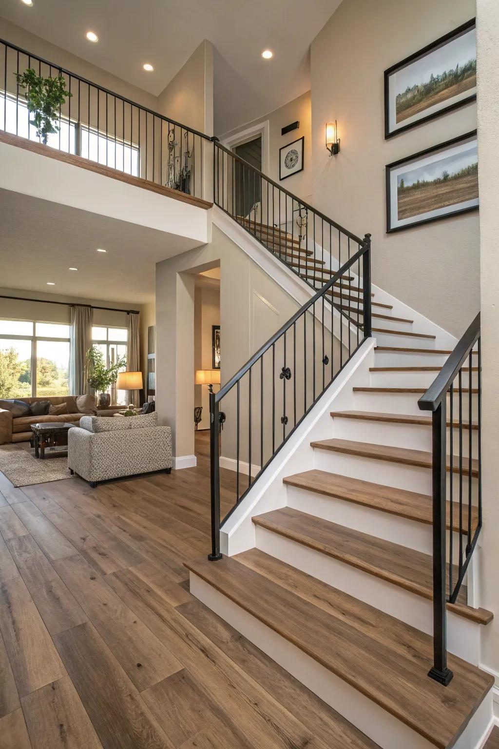 A contemporary staircase showcasing synthetic wood flooring that beautifully mimics hardwood.