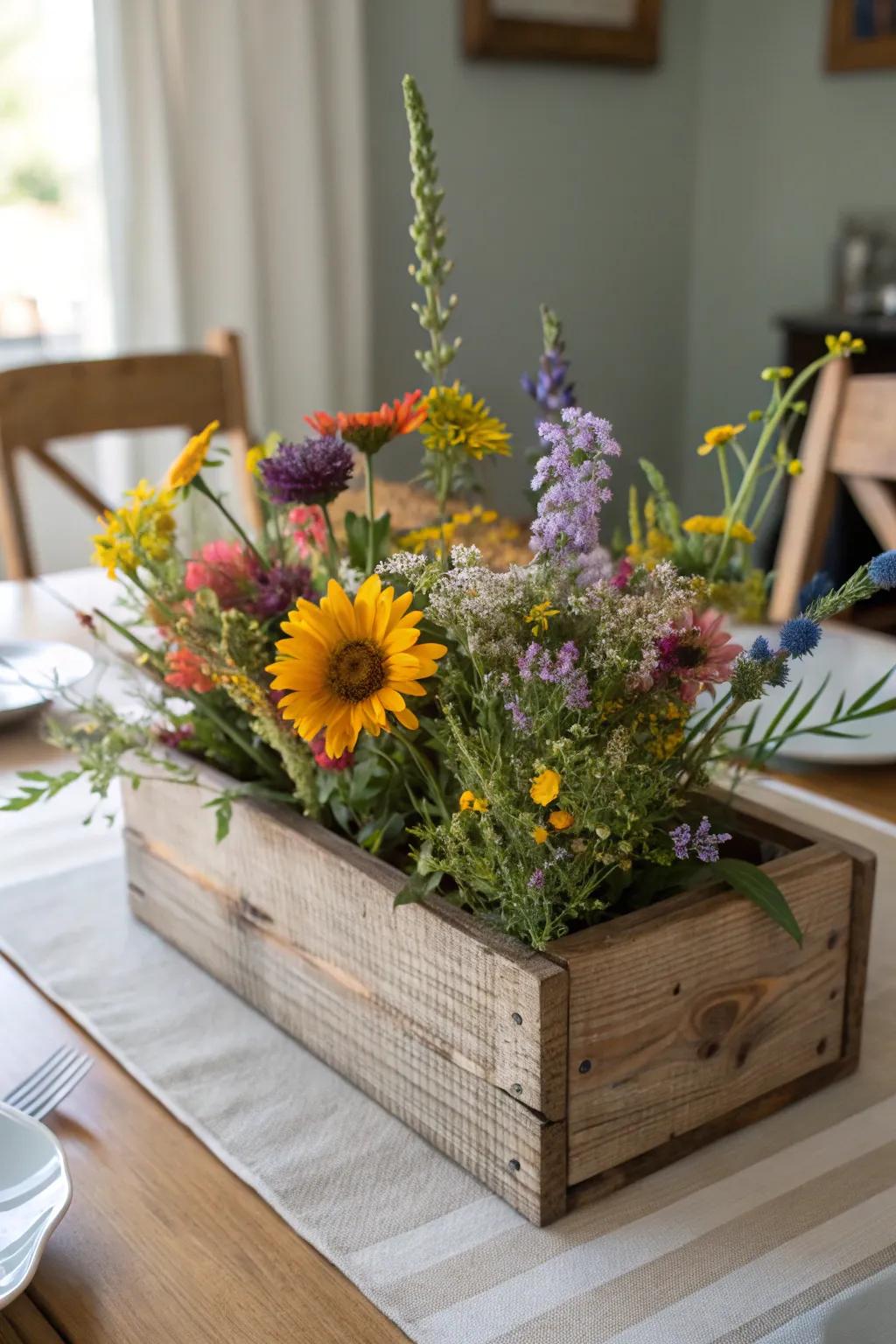 Rustic wildflower centerpiece displayed in a wooden box, adding a touch of countryside charm to the dining table.