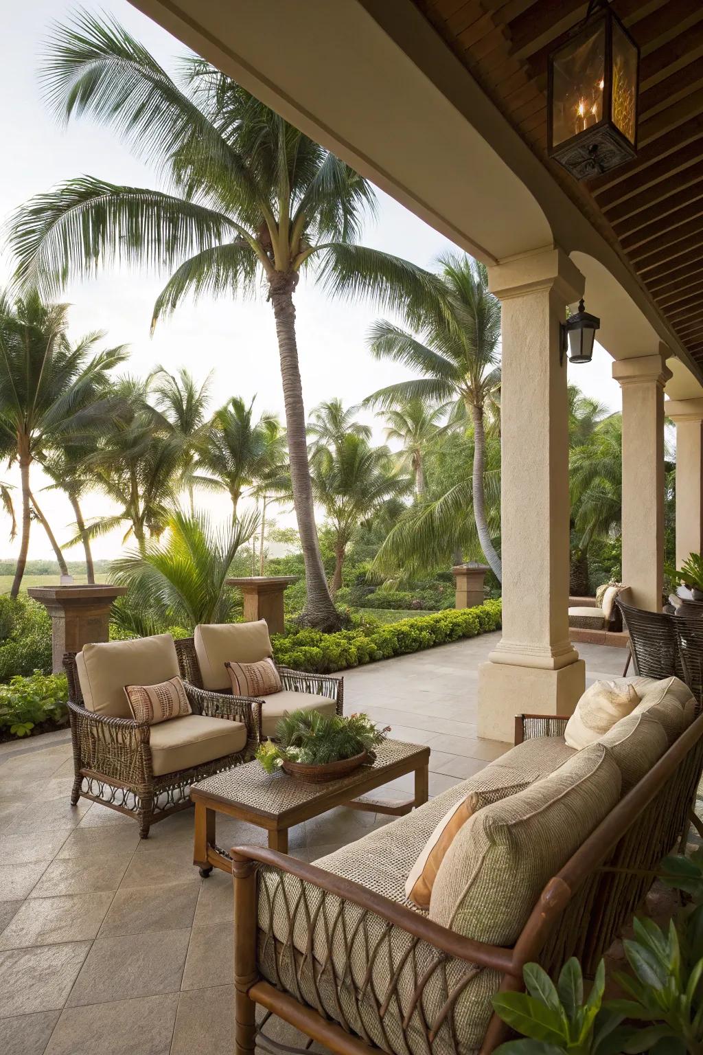 Craft a soothing getaway with luxurious seating surrounded by tropical beauty.