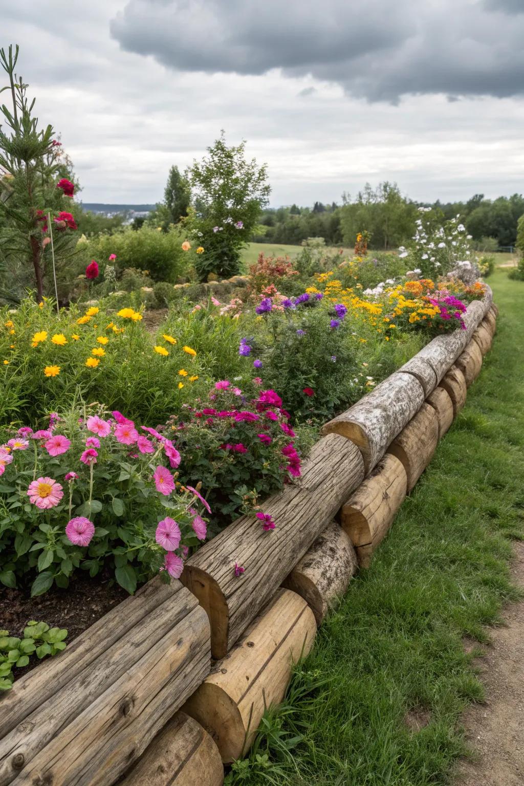 Wooden logs craft an inviting and rustic border for the flower bed.