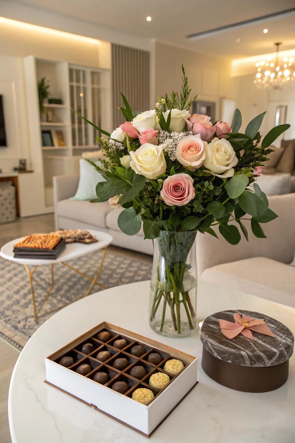 A charming mix of flowers and chocolates perfect as a birthday gift.