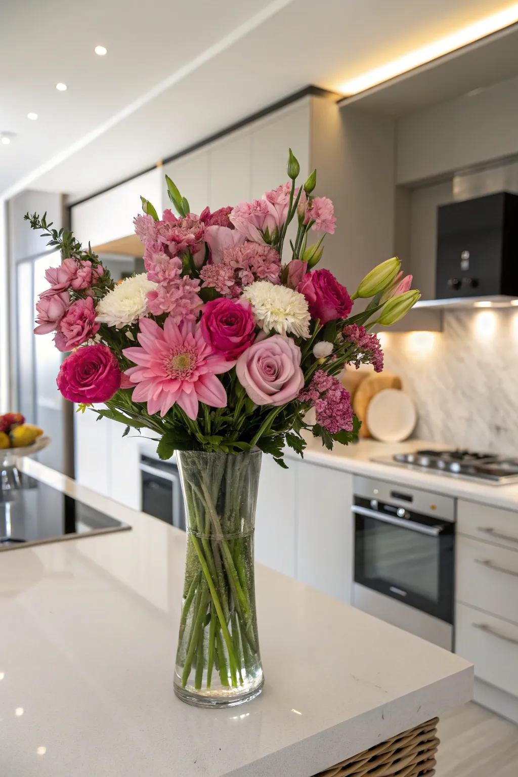 A single-shade arrangement of pink blossoms enhancing the elegance of a kitchen setting.