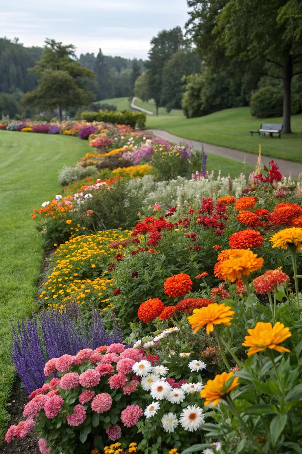 A vibrant flower bed overflowing with a medley of lively blossoms.