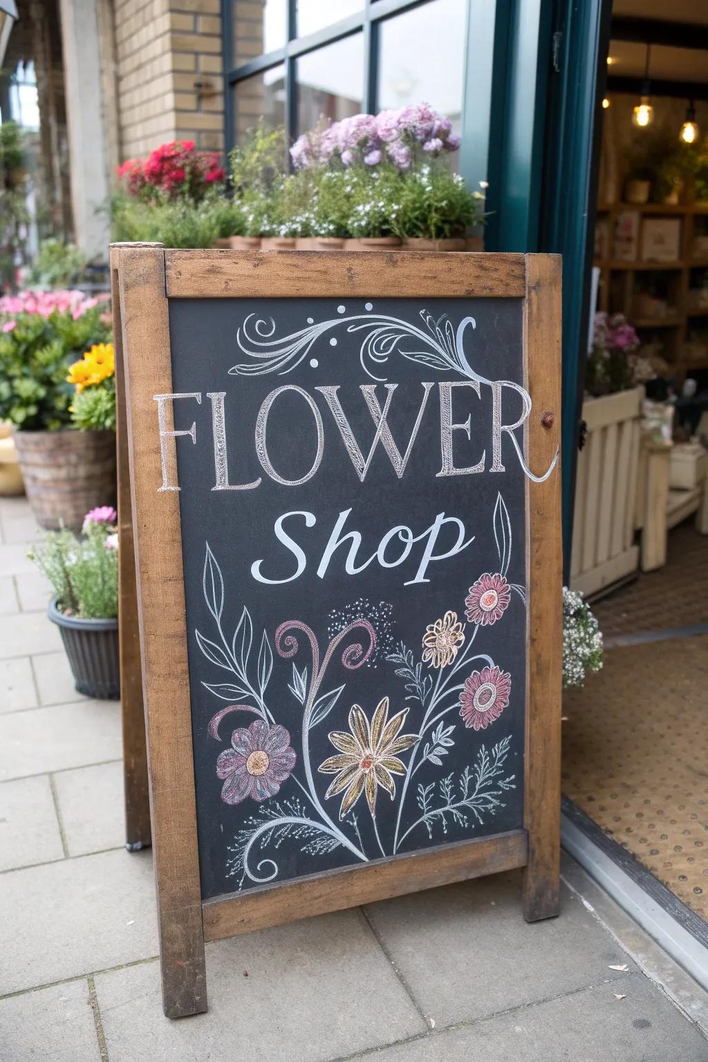 Charming vintage chalkboard sign infusing a nostalgic essence into the flower shop