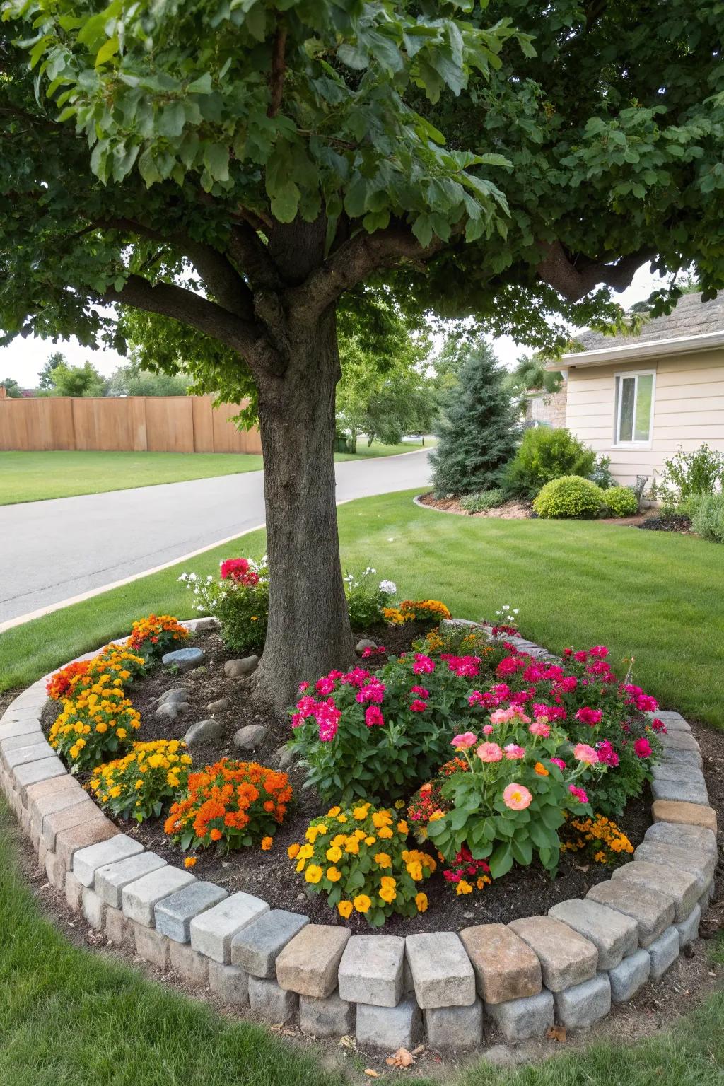 A tree embraced by a sophisticated stone border, amplifying the garden's allure.